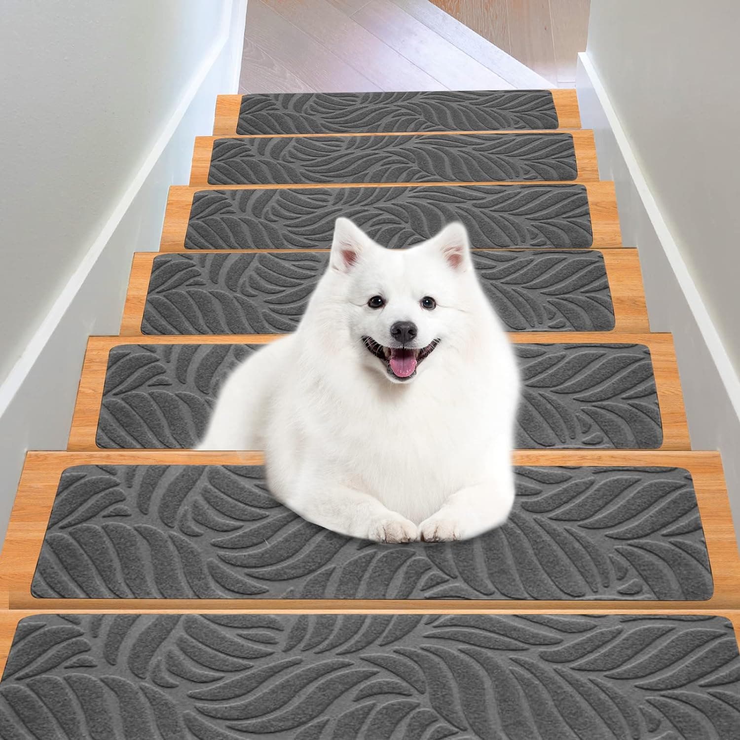 OXKVPVF Stair Treads for Wooden Steps - Non Slip Stairs Carpet Tape Peel and Stick with Double Adhesive Tape Set of 15 Leaf (Grey)