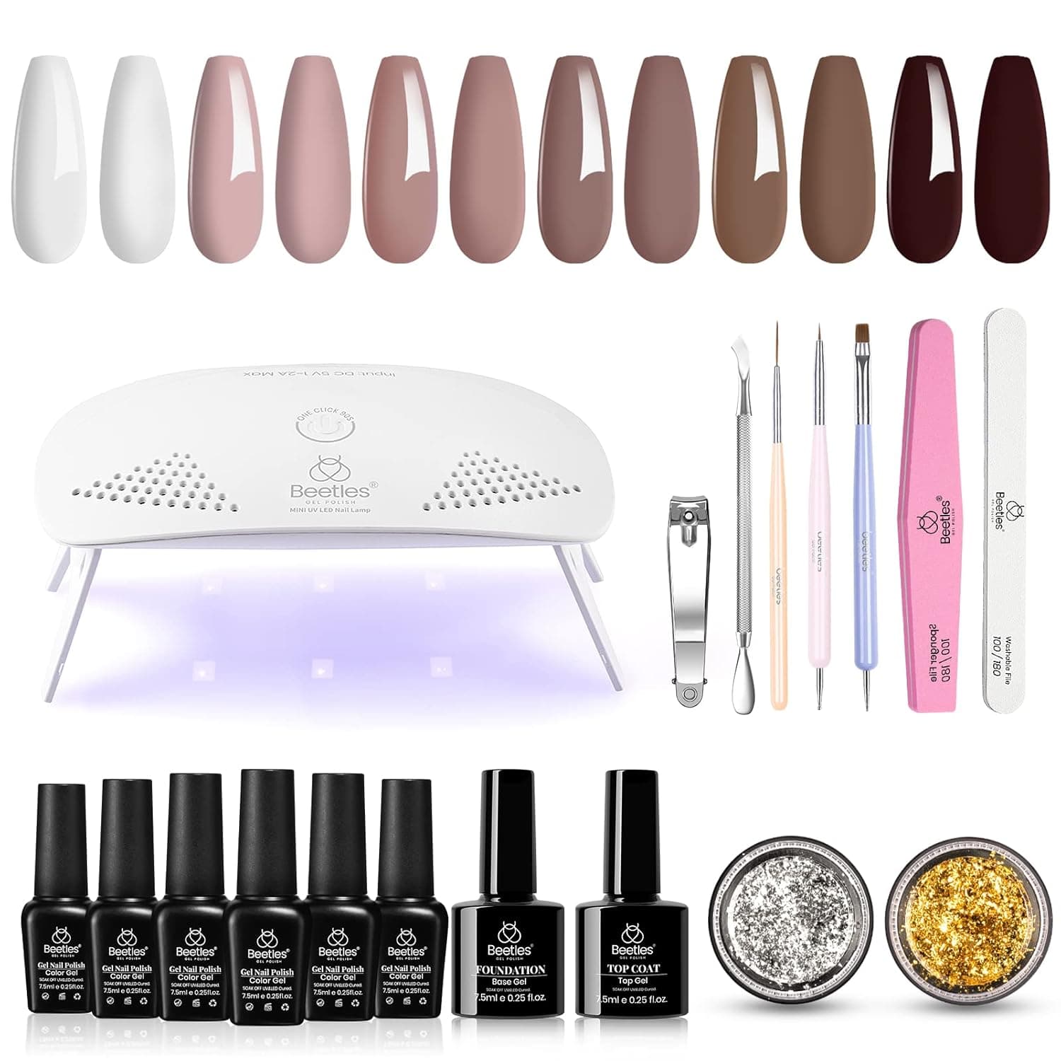 Beetles Gel Nail Polish Kit with U V Light Starter Kit, Coffee Cafe Collection Brown Neutral Beige Mauve Color Gel Polish Soak Off LED Nail Lamp, Base Gel Top Coat DIY Home Manicure Gift for Women