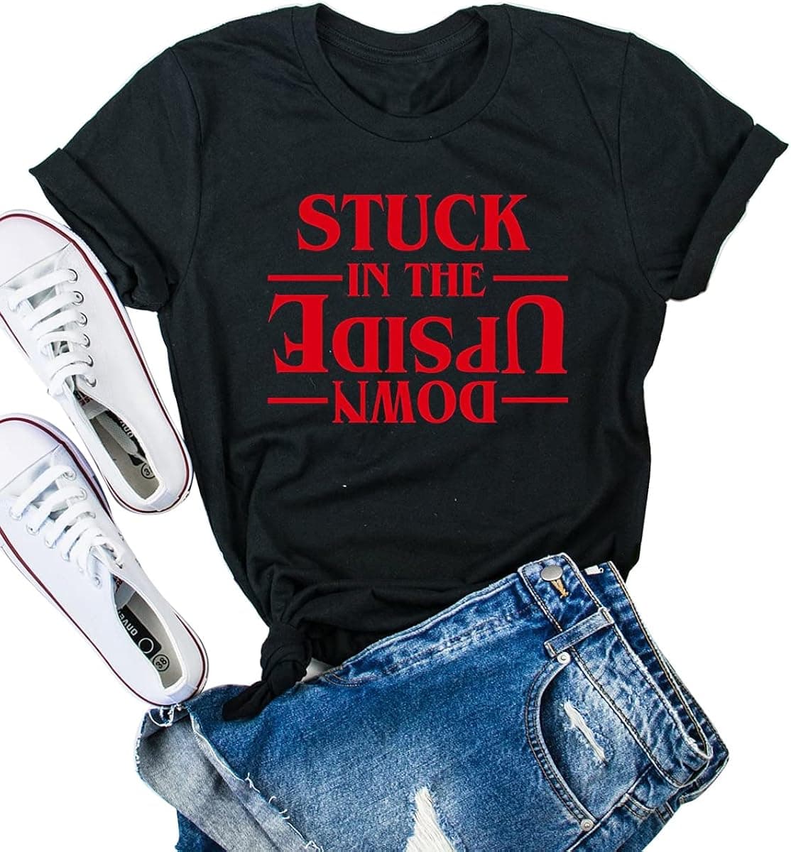 The Upside Down Vintage Graphic Tee Things Merchandise for Teen Girls-Strange Shirt(Black,S)