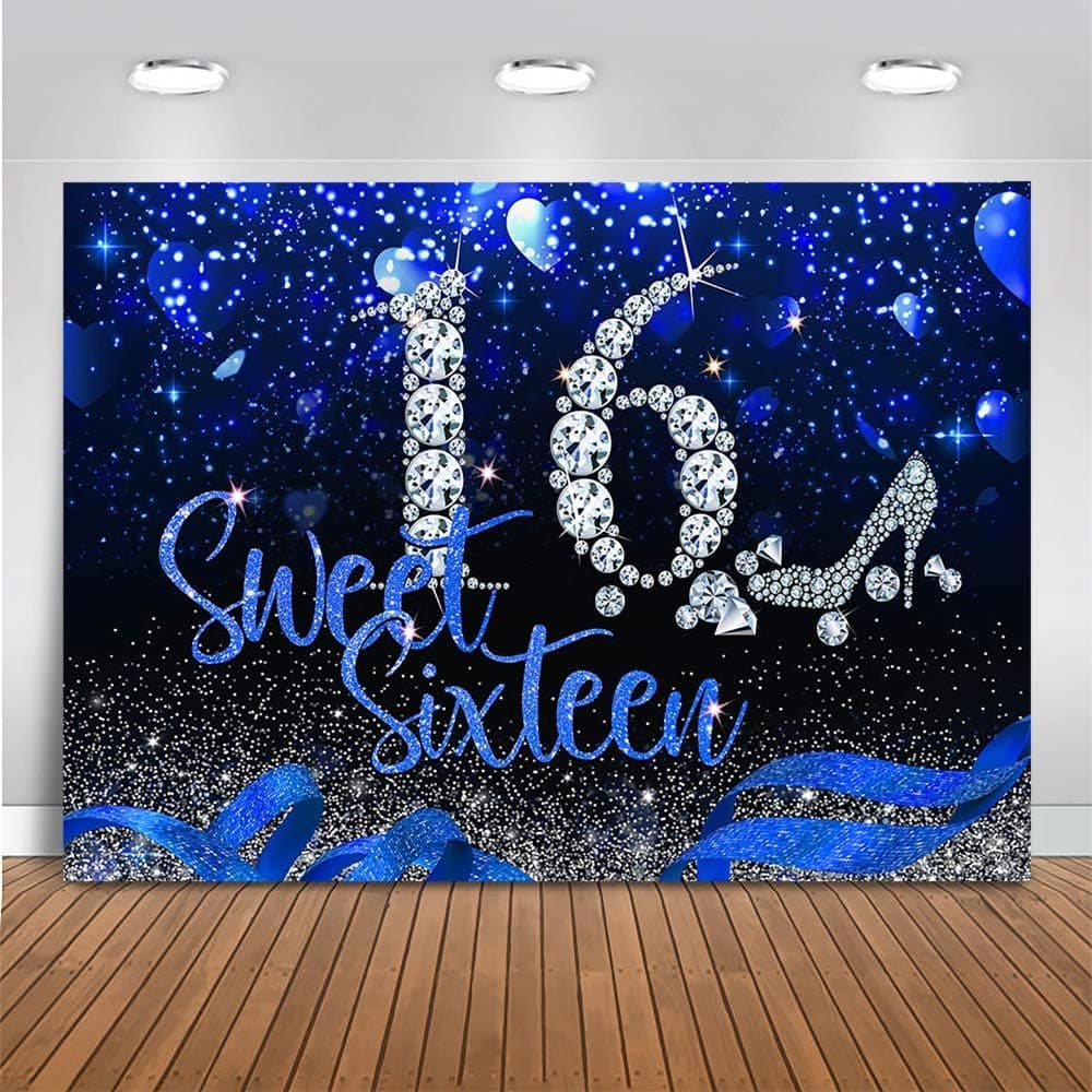 Mocsicka Sweet 16 Birthday Backdrop for Girls Blue and Silver Swwet Sixteen Decoration Happy 16th Birthday Banner Glitter Diamonds Background 16 Birthday Party Supplies (8x6ft(96x72 inch))