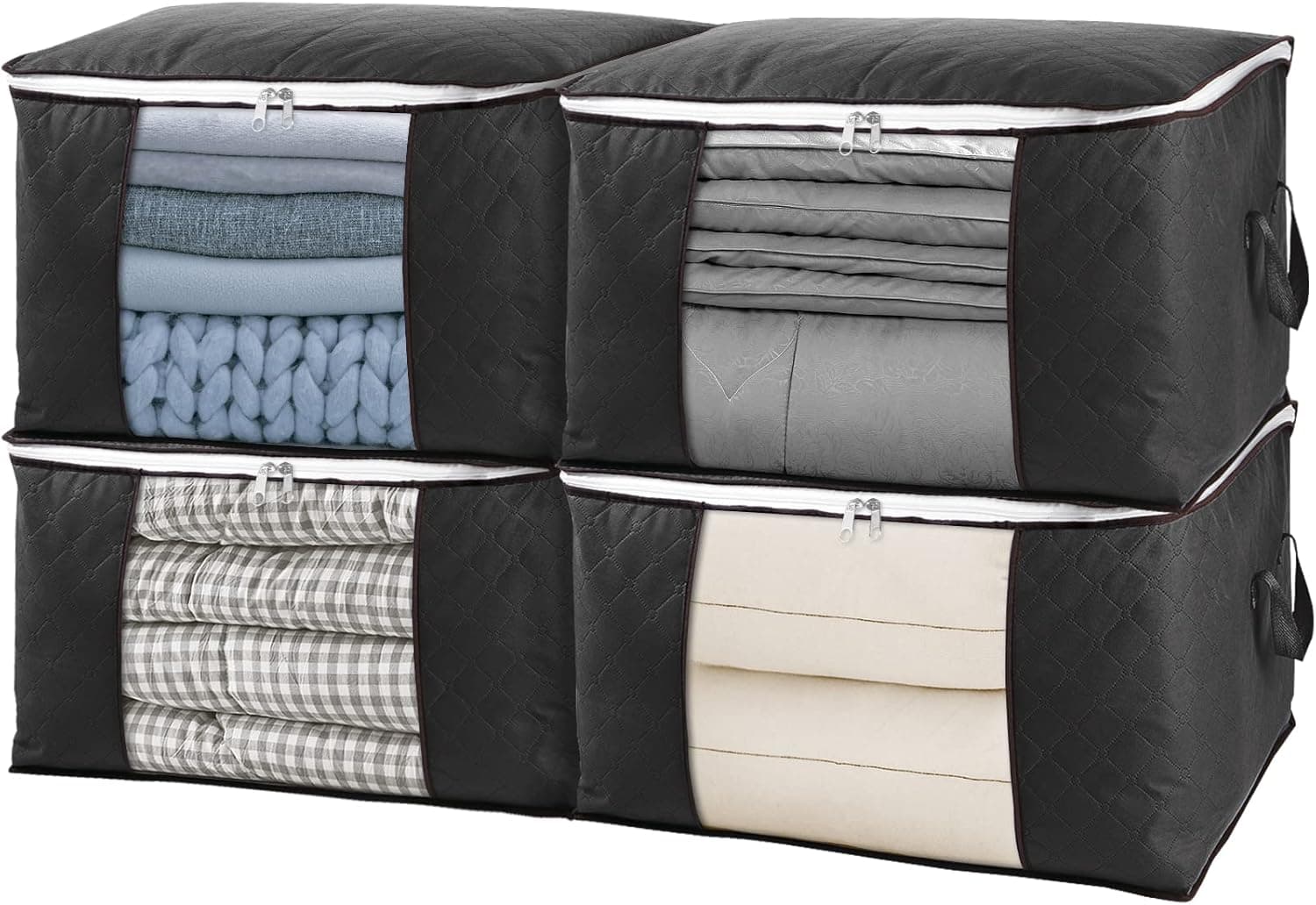 SGHUO 4 Pack Comforter Organizer Storage Clothes Storage, Storage for Blankets, 90L Foldable Clothes Storage Bag with Clear Window, Sturdy Zipper and Reinforced Handle for Comforters, Pillow
