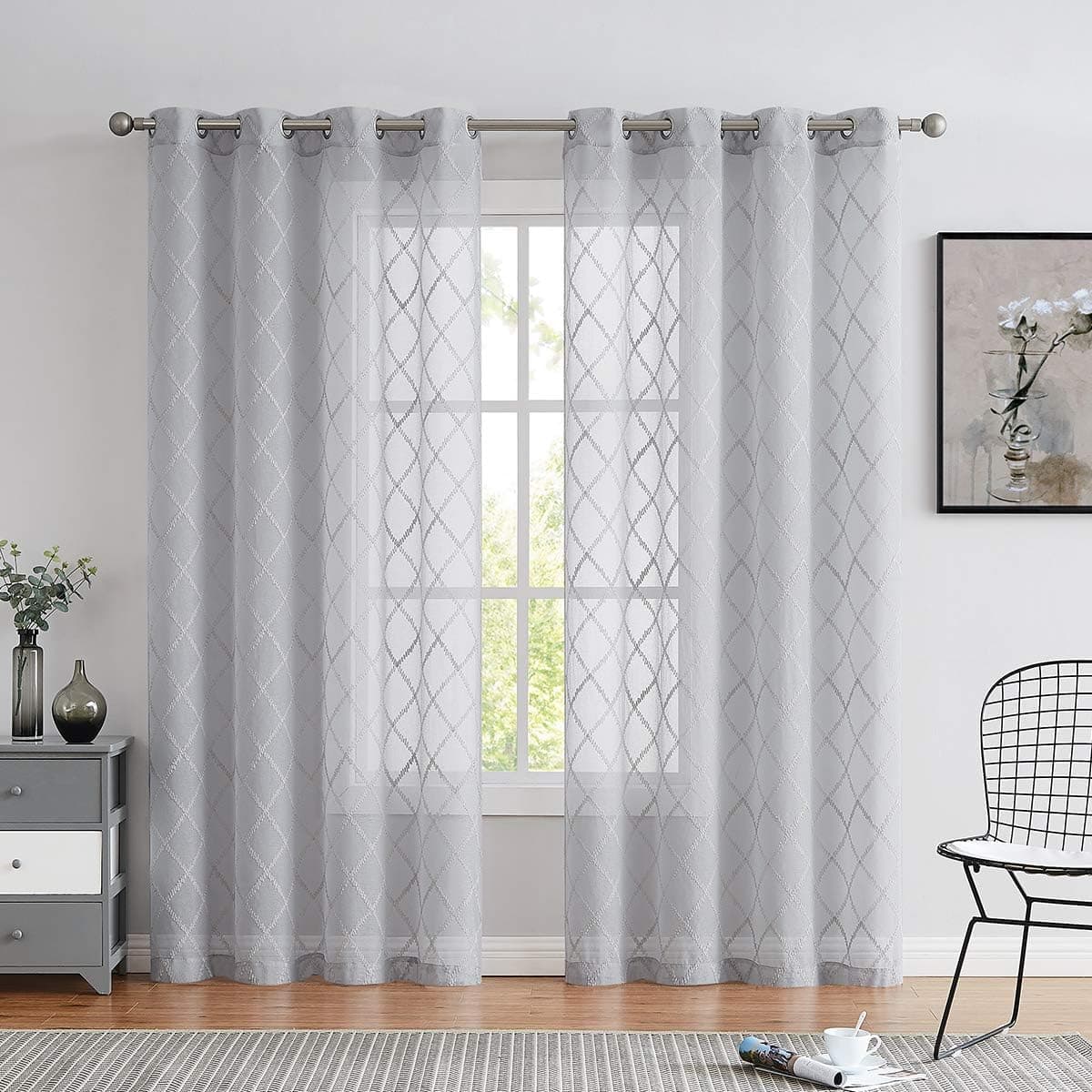 Variegatex Gray Sheer Curtain 63 inch Long, 2 Panel Light Filtering Voile Drape for Living Room Nursery, Embroidered Moroccan Pattern Semi Sheer Drapery, Elegant Grommet Top Room Curtains