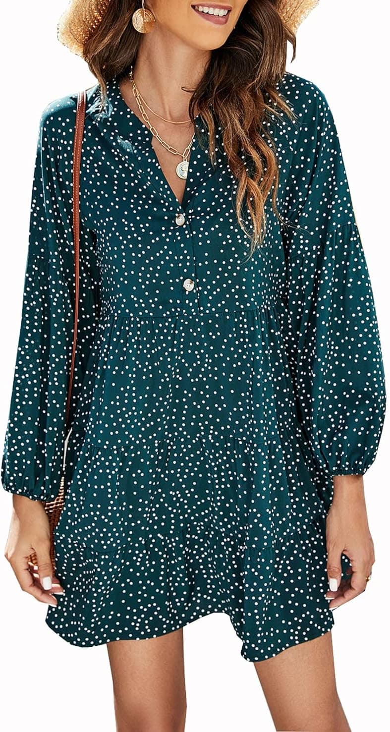 KUIIHUAZ Women's Casual Tunic Dress V Neck Ruffle Sleeve Loose Flowy Swing Shift Mini Dress