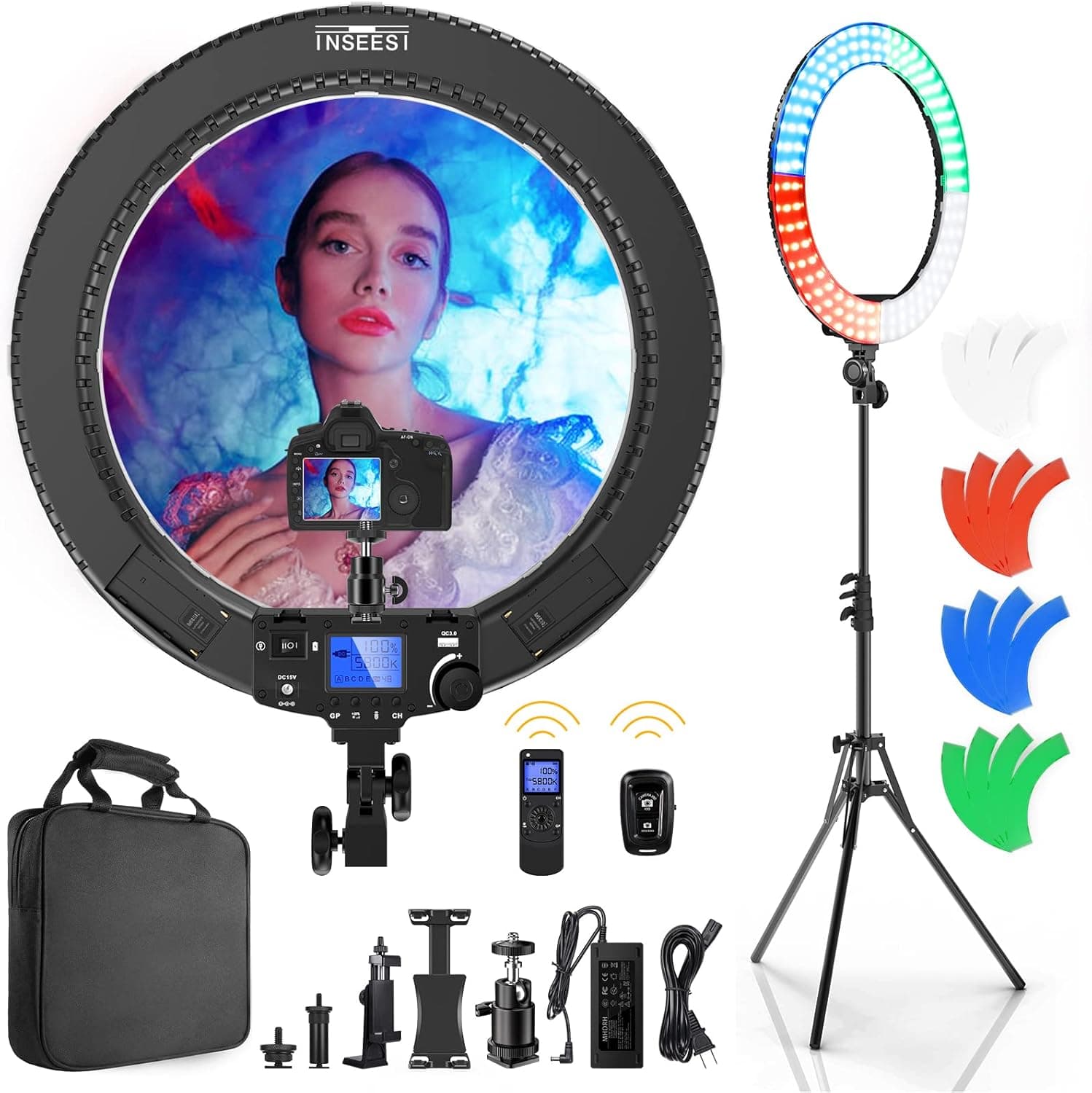 Ring Light, INSEESI 18 Inch Ring Light with Stand and Phone Holder & Wireless Remote, 4 Filters LED Ring Light for Photography/YouTube/TikTok/Live Streaming/Make-up/Filming/Portrait