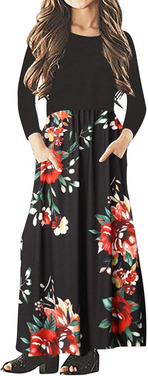 Girls Kids Long Sleeve Dresses Maxi Dress Floral Casual T-Shirt with Pocket Holiday Swing Dresses for Girl's 4-15Y