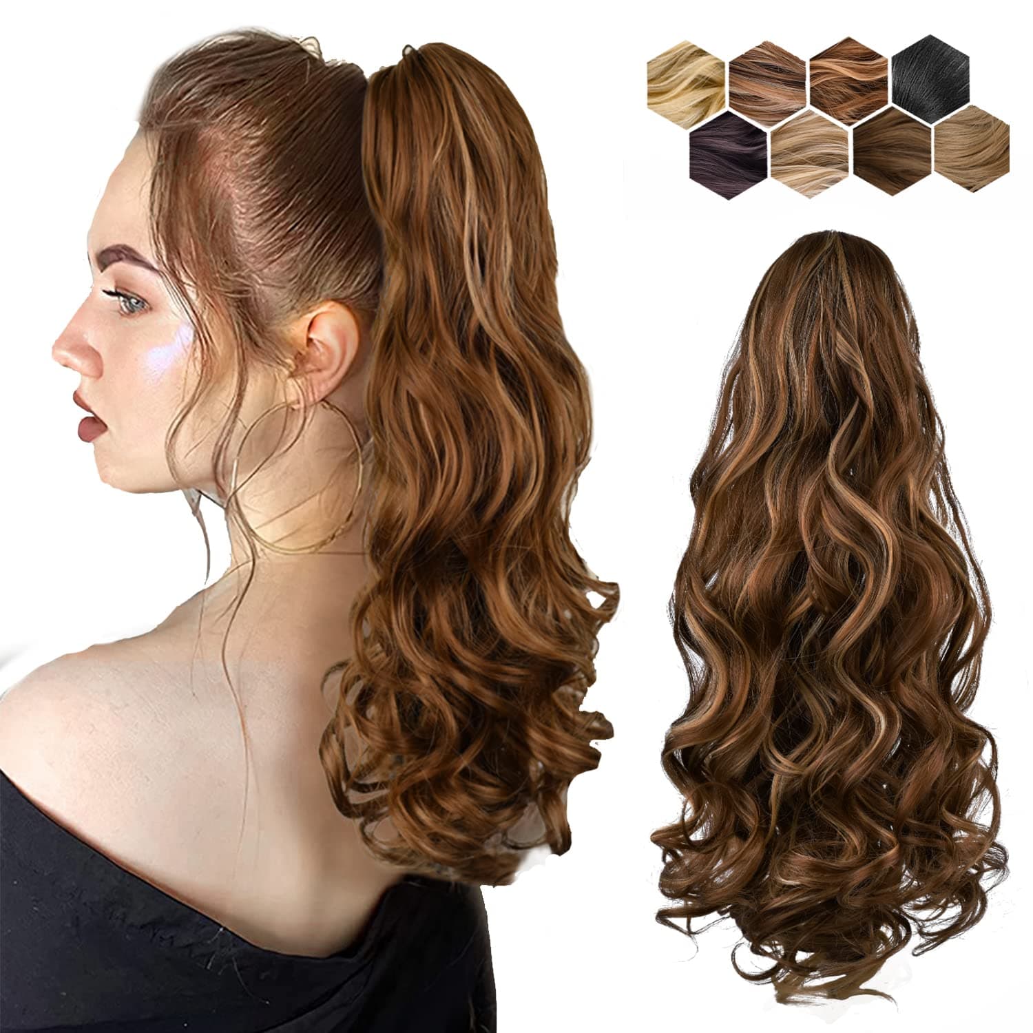 Vaajee,Ponytail Extensions Claw Clip Ponytail Extensions for Women 20"Wavy Synthetic Fake Hair Curly Clip in Pony Tail (20 Inch, Light Brown)
