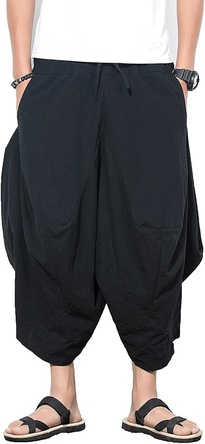 INVACHI Men's Linen Capri Pants Casual Drawstring Yoga Pants Baggy Harem Pants Wide Leg Beach Capris