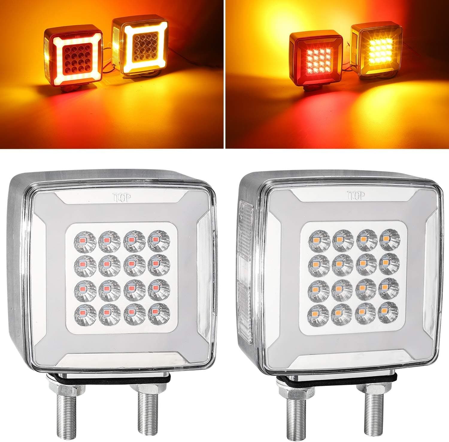 Partsam Pair Double Face Square Pedestal Fender Turn Signal Lights Halo Glow Double Stud, Amber/Red Square 47 Diode Led Turn Stop Marker Running lights Lamps 12V 24V 10-30V