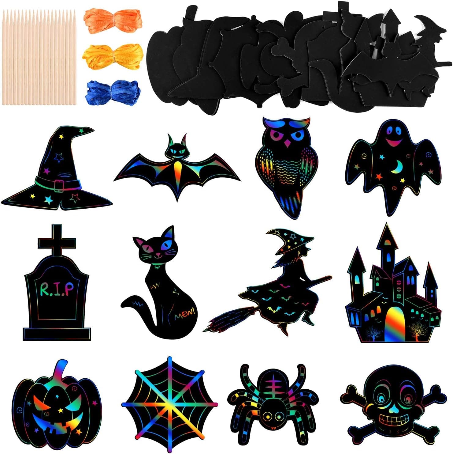 CHRORINE 60Pcs Halloween Theme Scratch Paper Pumpkin Bat Castle Craft Kit with 20pcs Bamboo Styluses and 24M Ribbons for DIY Halloween Party Supplies