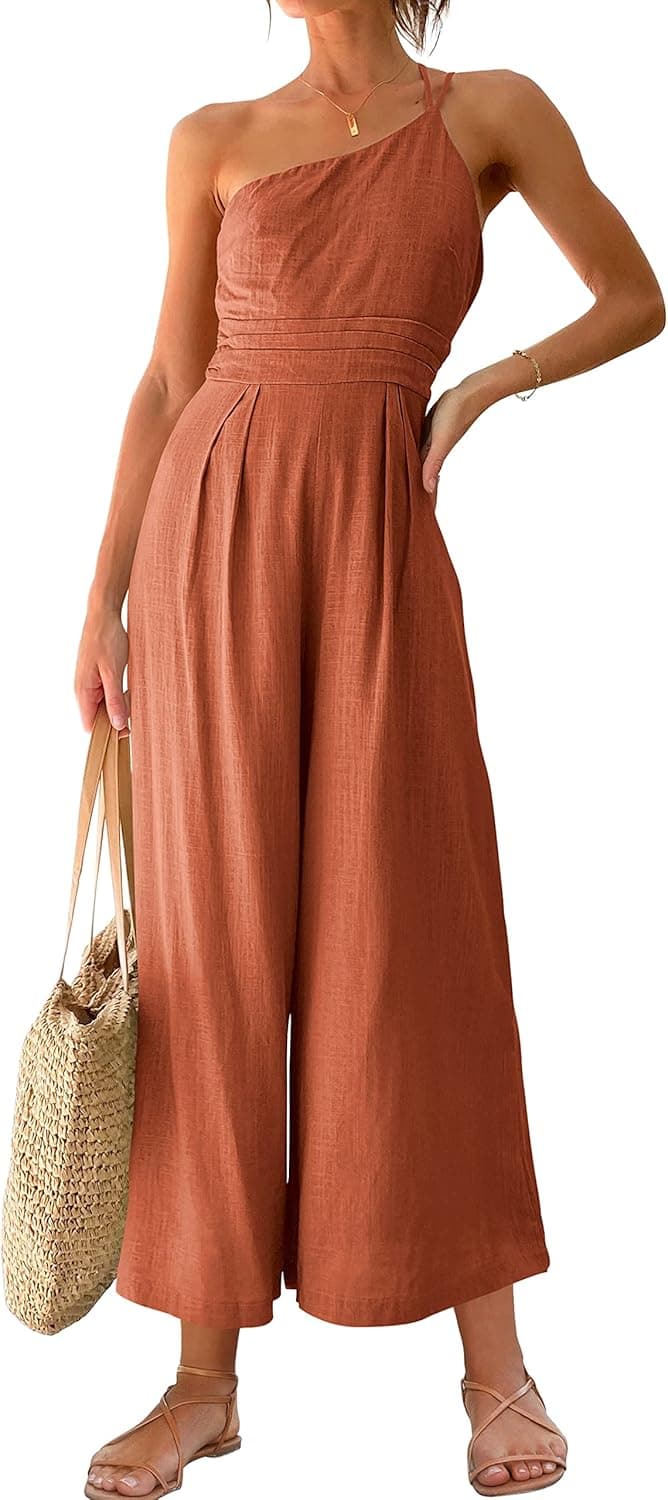 Caracilia Women's Summer Wide Leg Dressy One Shoulder Straps Pleated High Waist Jumpsuit Romper with Pockets