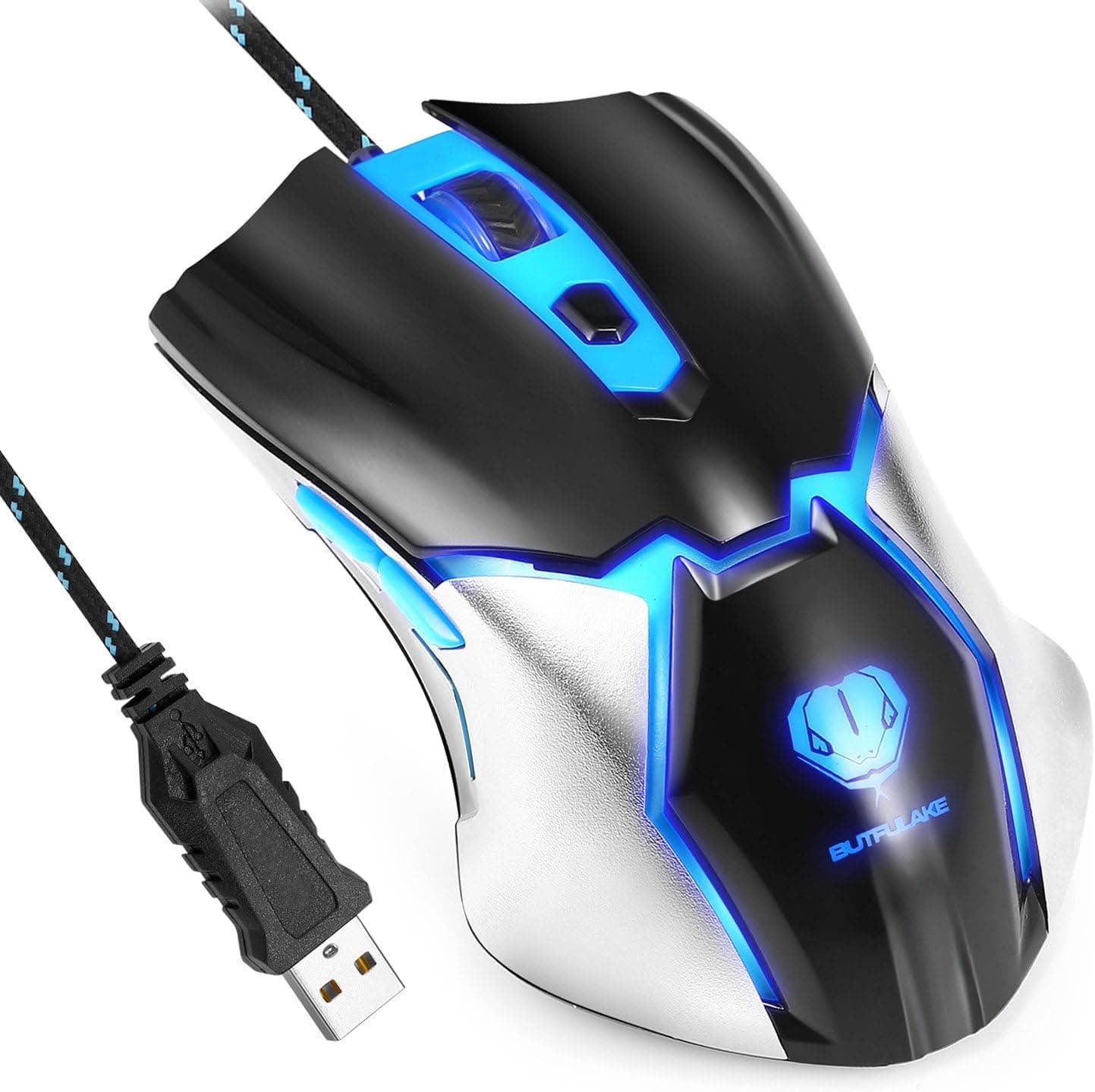 BUTFULAKE Gaming Mouse Wired, Programmable Ergonomic Gaming Mice with 3200 DPI, Blue LED, 6 Buttons for PC, Laptop, Computer, Windows, Vista Linux, Black (1)