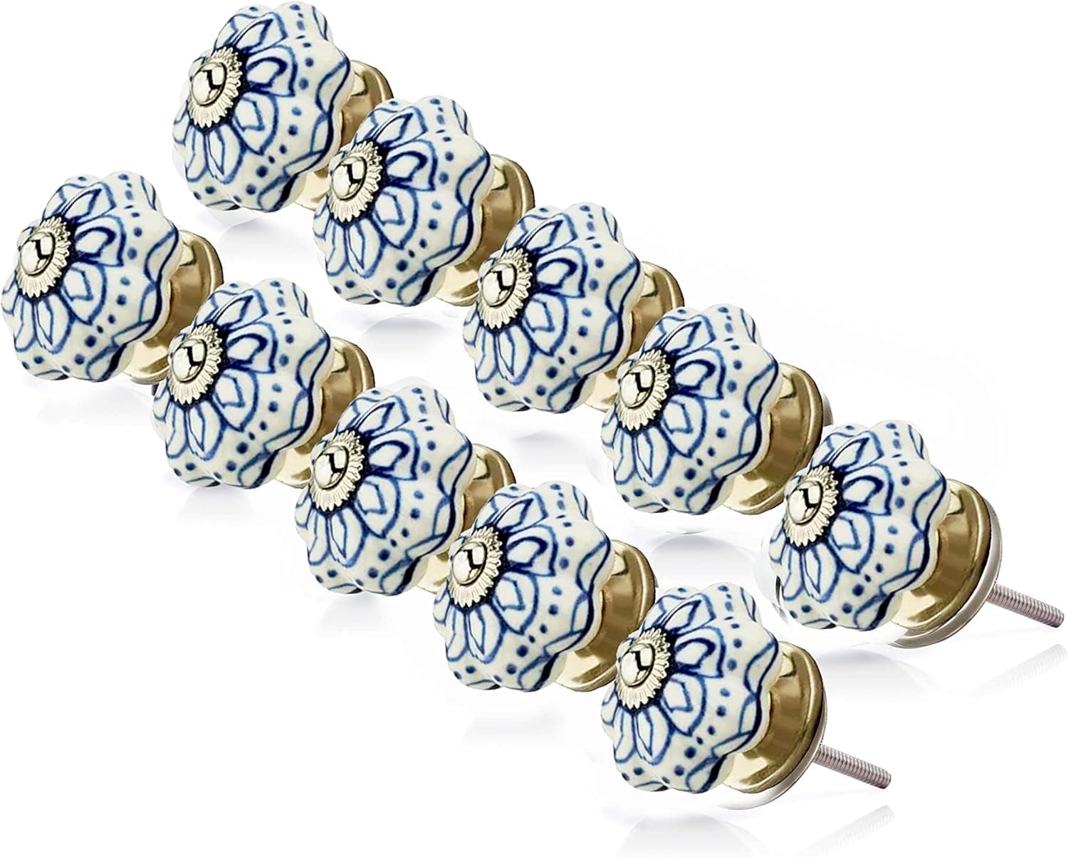 Mascot Hardware Ceramic Cabinet Knobs 10 Pack Blue Flowered 1-7/10 in. White Ceramic Knobs| Drawer Knobs | Drawer Pull Knobs for Kitchen Cabinet Bathroom Cabinet Drawer Wardrobe Cabinet
