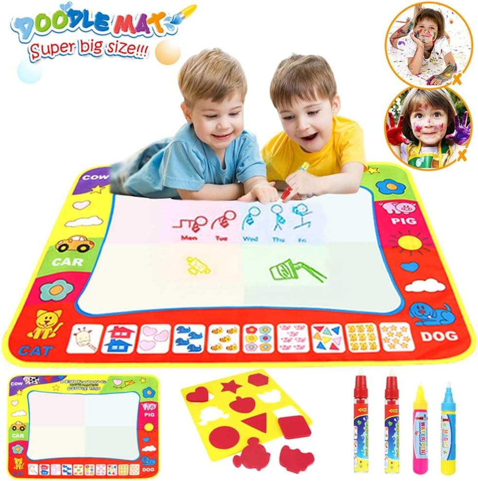 xhforever Doodle mat for Kids, 4 Color Colorful Water Drawing Painting Mat Early Learning Educational Toys 80cmx60cm +4 Magic Pens + 1 Drawing Shape Board