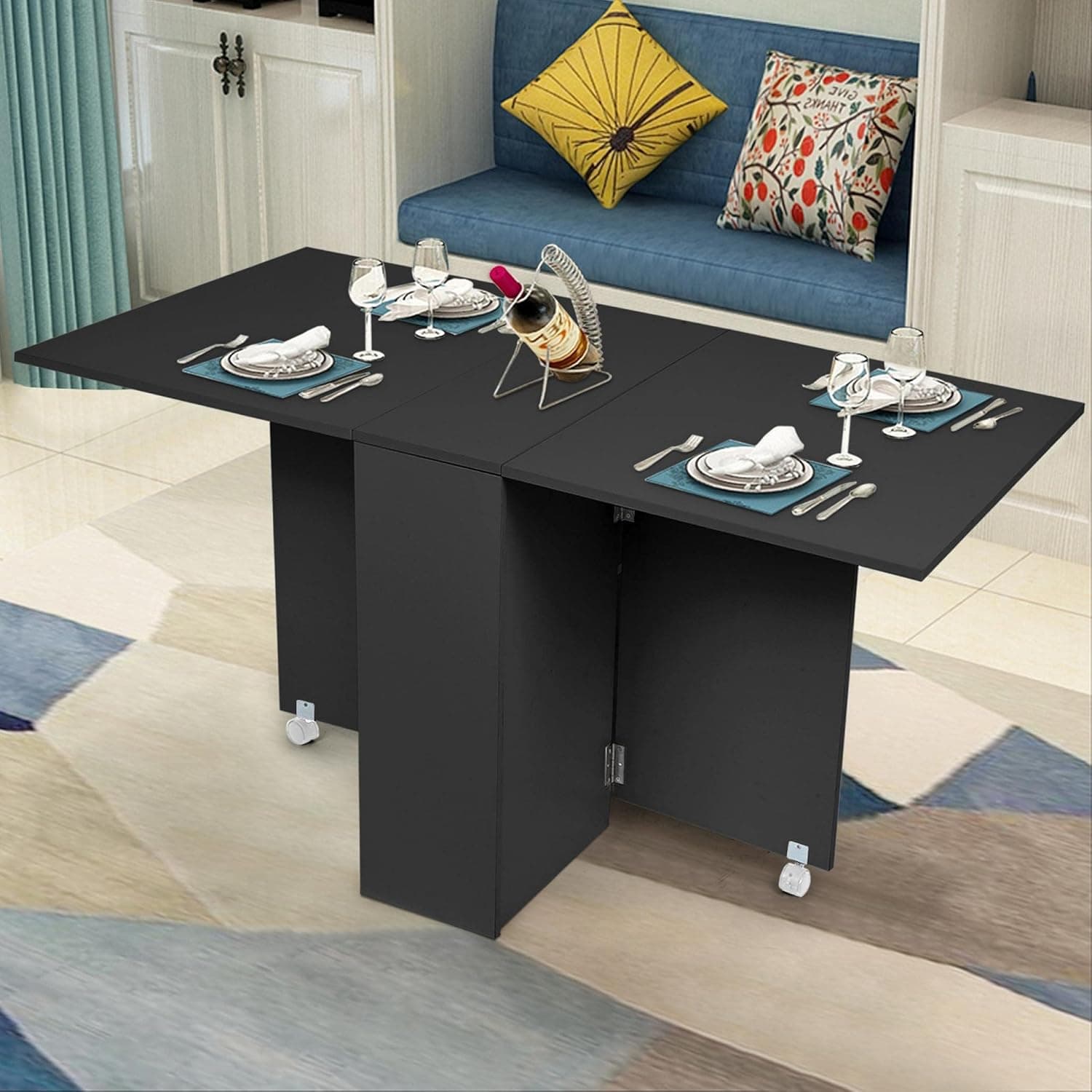 XINQITE Drop Leaf Dining Table for Dining Room Kitchen, Extendable Butterfly Console Table Folding Table for Small Spaces, Foldable Dining Table with 2 Wheels Gateleg Home Furniture, Black