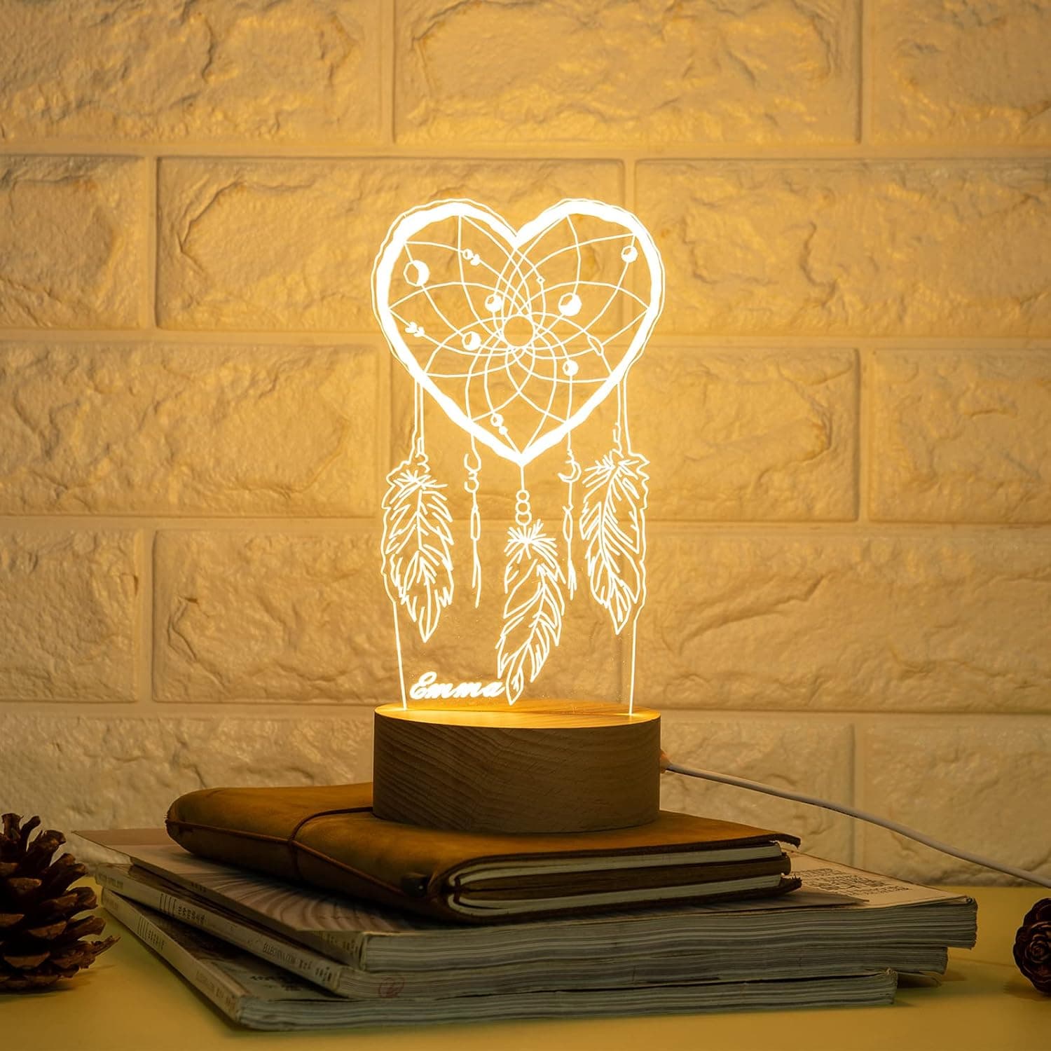 Lovejewelry Personalized Dream Catcher Night Light with USB Charger 3D Dreamcatcher Name Light for Table Custom Names Bedroom Lamp for Teen Girl Room Decor (Heart)