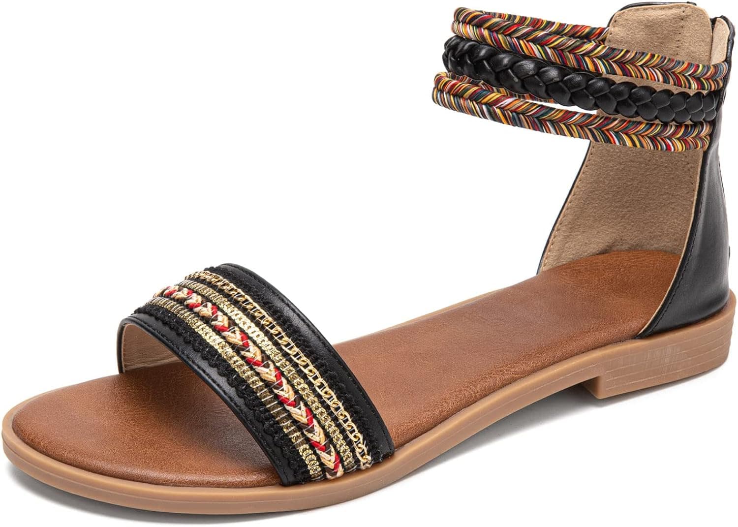 gracosy Summer Sandals for Women Flat Sandals Woven Straps Fashion Bohemia Beach Shoes Ankle Strap Sandals with Zipper Gladiator Dress Sandals Ankle Slippers