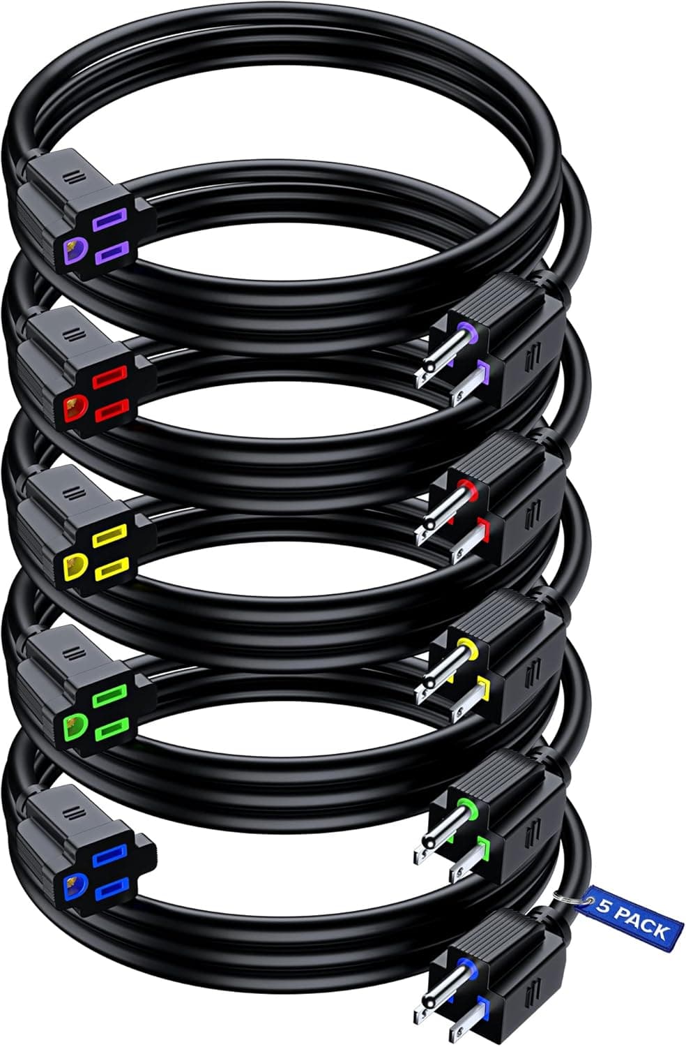Maximm Short Extension Cord 3 Feet Black Heavy Duty Extension Cord, 3 Prong Indoor Small Extension Cord 16AWG (5 Pack, Black with Multi Color Indicators, 3 Ft)