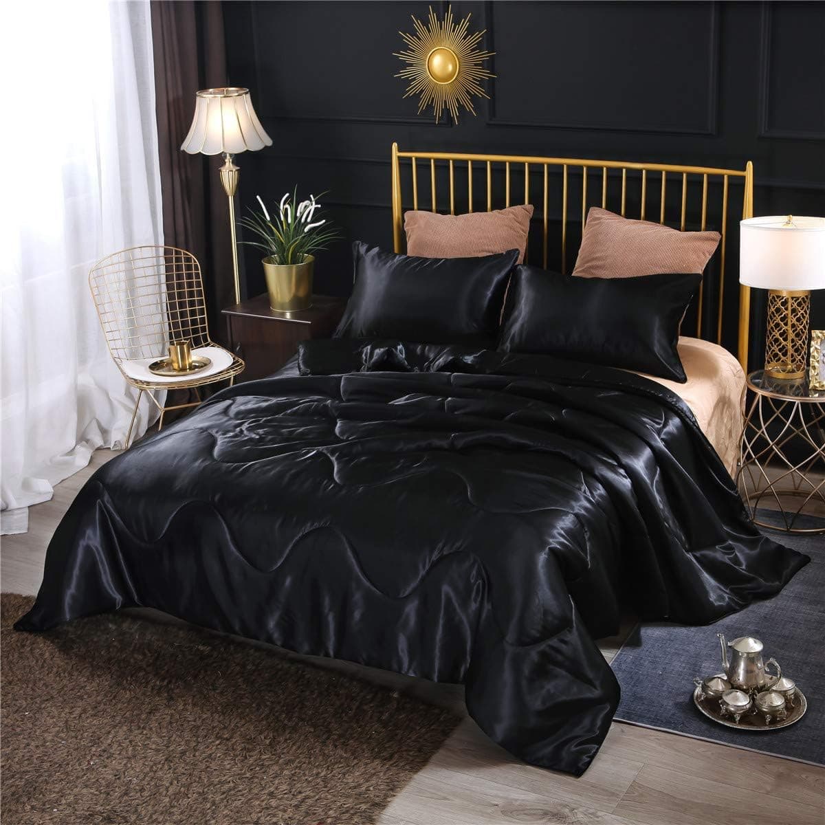 Raytrue-X 3 Pieces Satin Silky Comforter Sets Luxury Super Soft Bedding Sets 100% Microfiber Sexy Quilt Queen Size Color Black and Gold Options