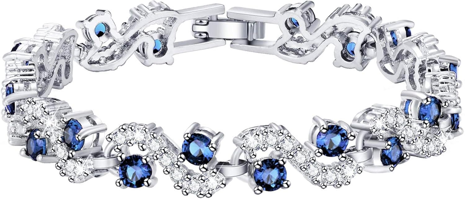 Feraco Blue Tennis Cubic Zirconia Bracelet for Mom Daughter Womens Classic 14K Plated Sapphire Bangle Crystal Valentine's Day Jewelry Gifts