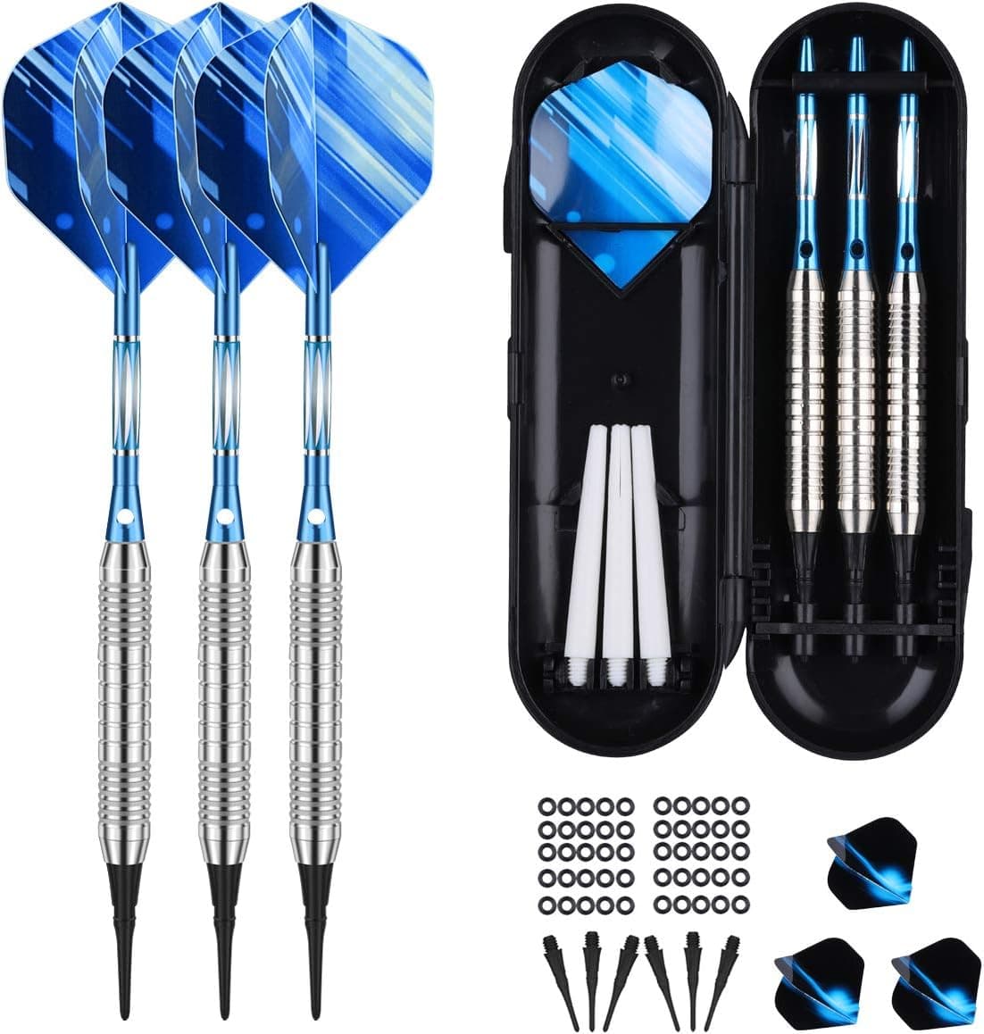 sanfeng Darts Plastic Tip Set - 18g Soft Tip Darts - Nickel Plated Silver Dart Barrel 16 Grams + 50 Anti-Loose O-Rings + 6 Shaft (Aluminum/Nylon 45mm) + 6 Flights + Extra 50 Soft Tips Electronic Dart