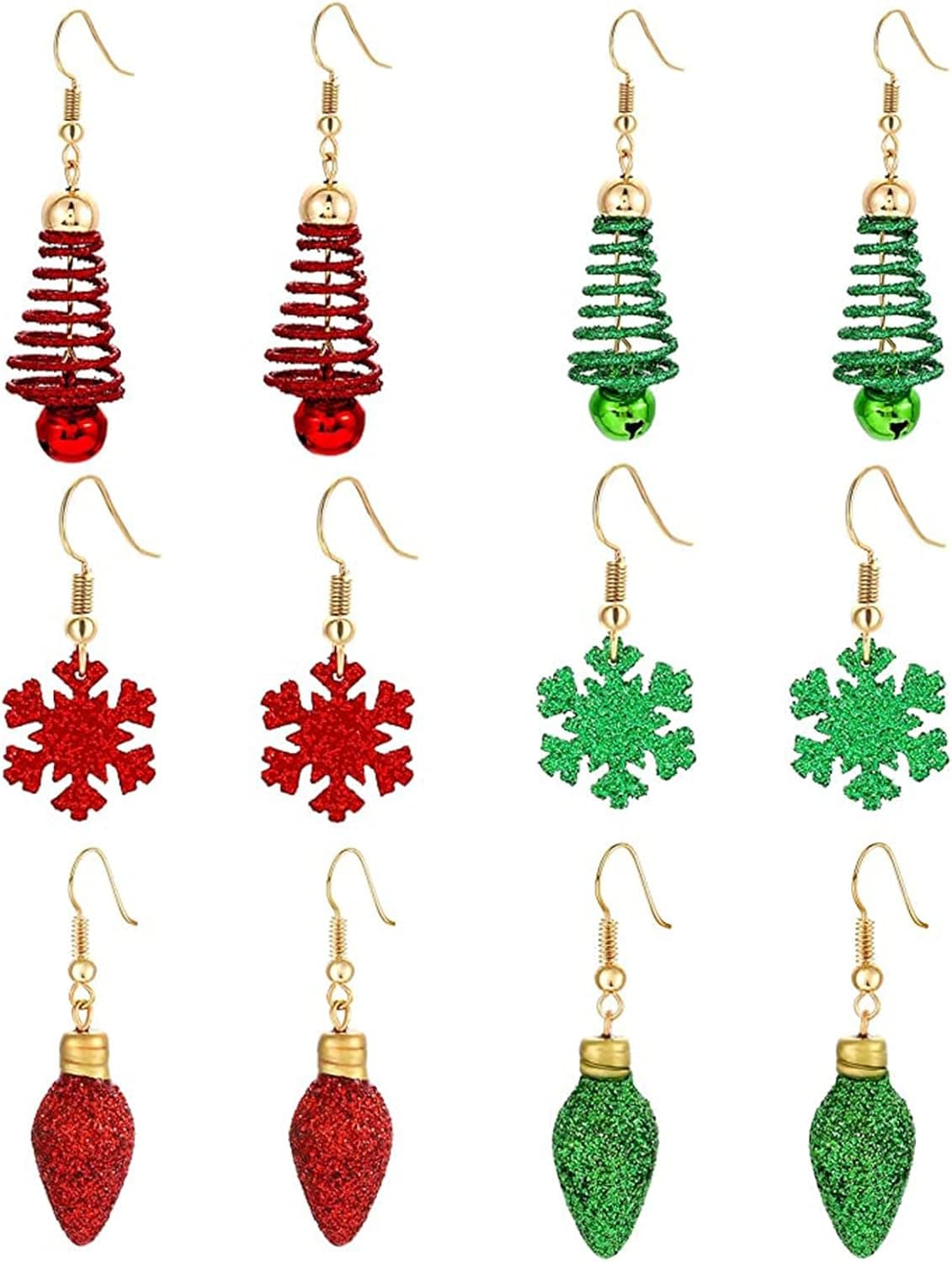 6pairs Christmas Drop Earrings Xmas Present Bow Earrings Glitter Light Bulb Dangle Earrings Christmas Jewelry Holiday Stud Earrings for Women Girls