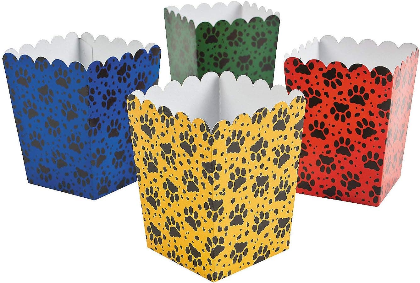 Fun Express Mini Paw Print Party Popcorn Boxes Blue, Red, Yellow - 24 Pieces
