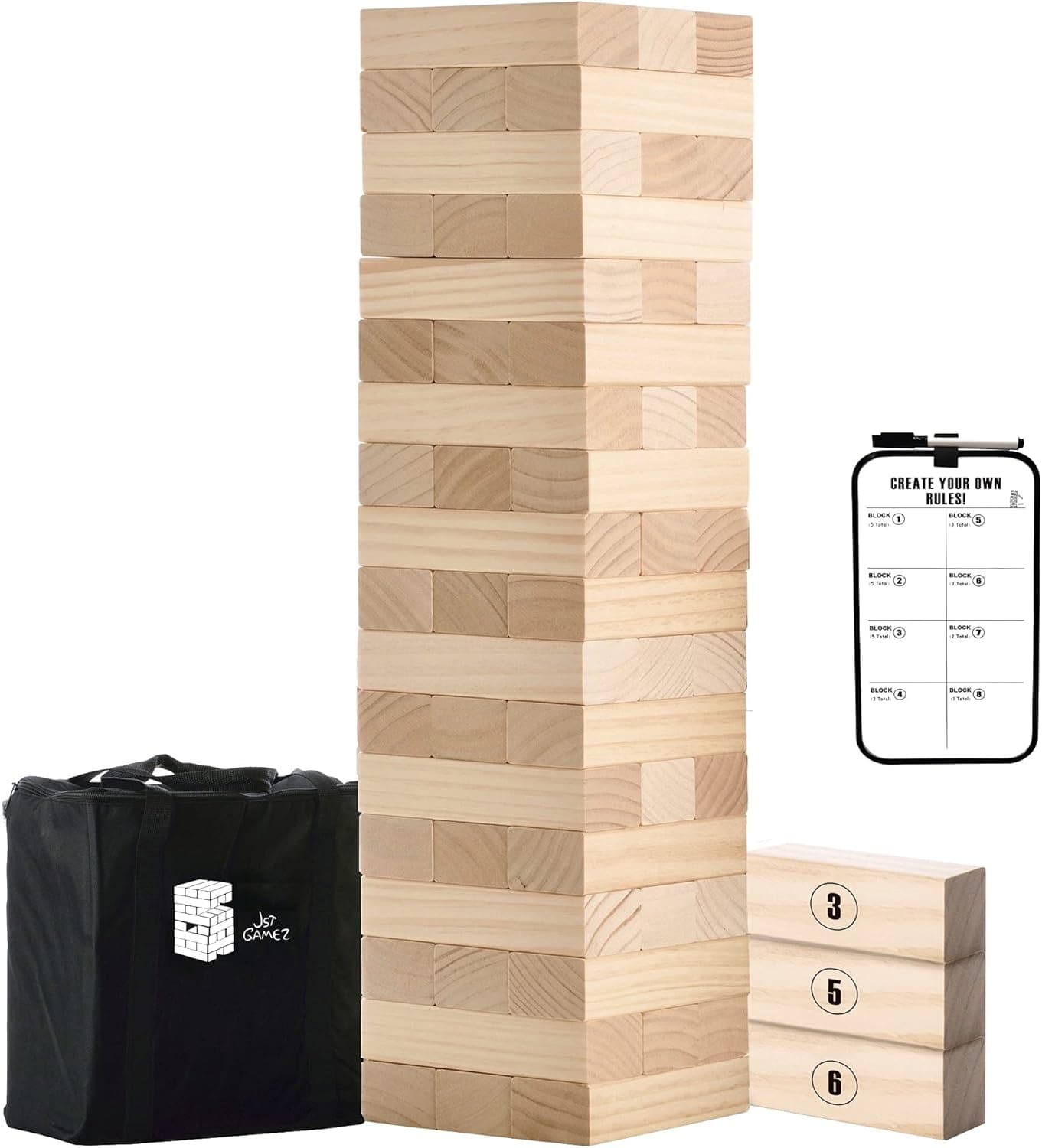 JST GAMEZ Large Tower Wooden Stacking Outdoor Games for Adults and Family Yard Lawn Blocks Games - Includes Rules and Carrying Bag-54 Pcs Premium Wood
