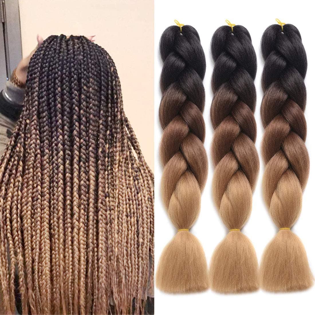 Ding Dian Ombre Braiding Hair Kanekalon Jumbo Braid Synthetic Braiding Hair 3Pcs/Lot Braid in Hair Extensions (Black-Dark brown-Light brown)