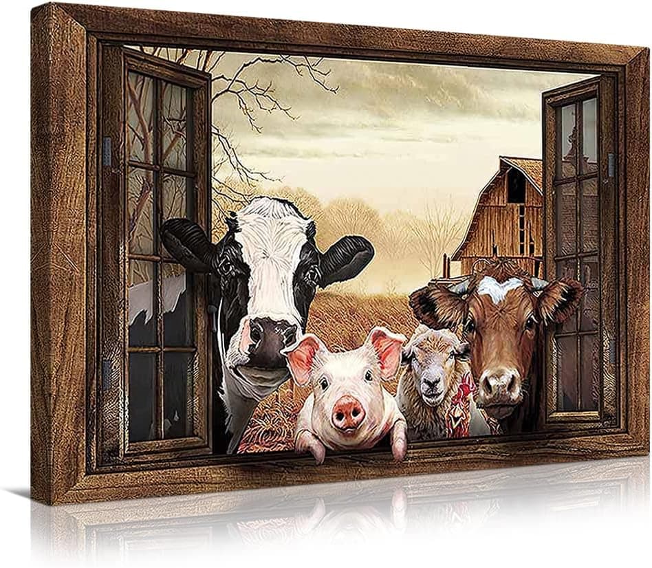 familypers Cow Wall Art Friends in The Window Landscape Cattle Prints Rustic Funny Animals Wall Decor Paintings Retro Home Decoration for Living Room Country Farmhouse 16x24 Inch
