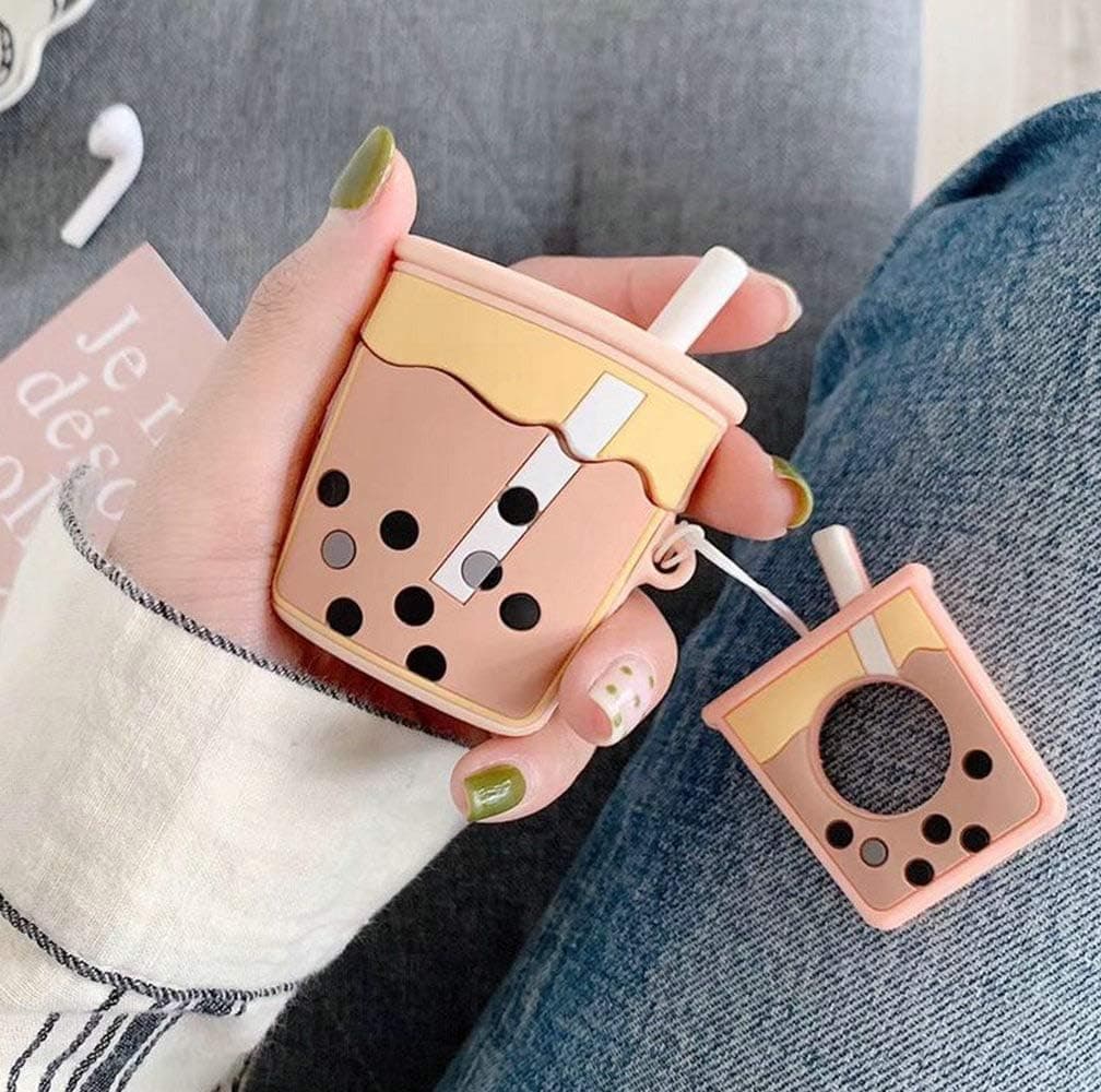 Airpods Case, Cute Airpods Cover, JANDM Cartoon Shockproof Protective Milk Tea Drink Soft Silicone Case Cover with Keychain for Apple AirPods Charging Case 2 & 1 (Pink)