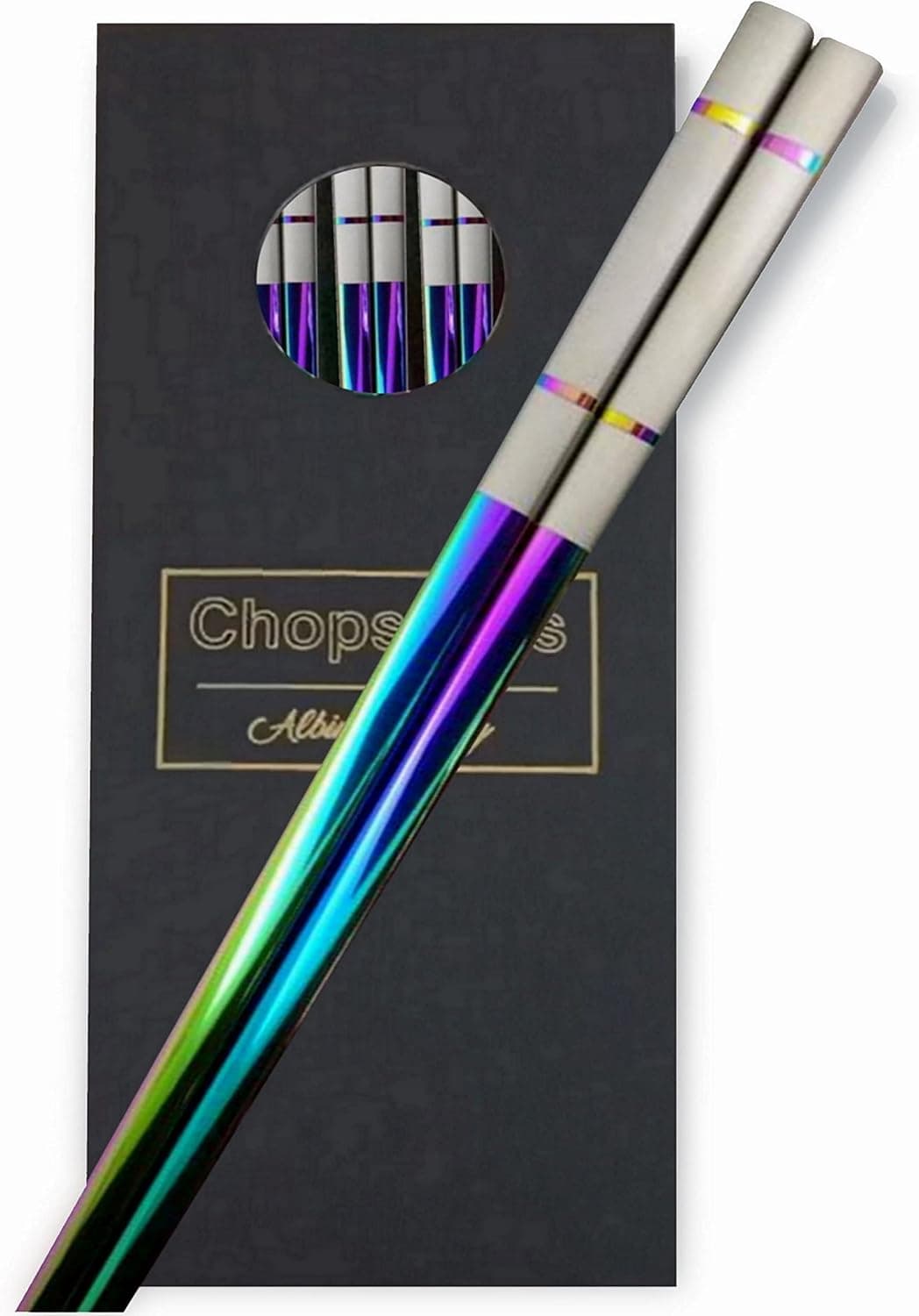Albino Monkey Reusable Chopsticks - Extra Long 9" - 5 Pairs per Pack - Made of Food-Safe Stainless Steel - Holographic Design - Asian Dining Utensils for Home Kitchen & Restaurants - Nice Giftable Box