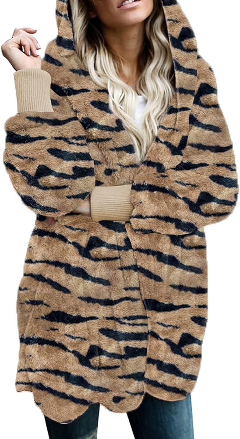 Dokotoo Womens 2023 Winter Long Sleeve Solid Fuzzy Fleece Open Front Hooded Cardigans Jacket Coats Outerwear with Pocket
