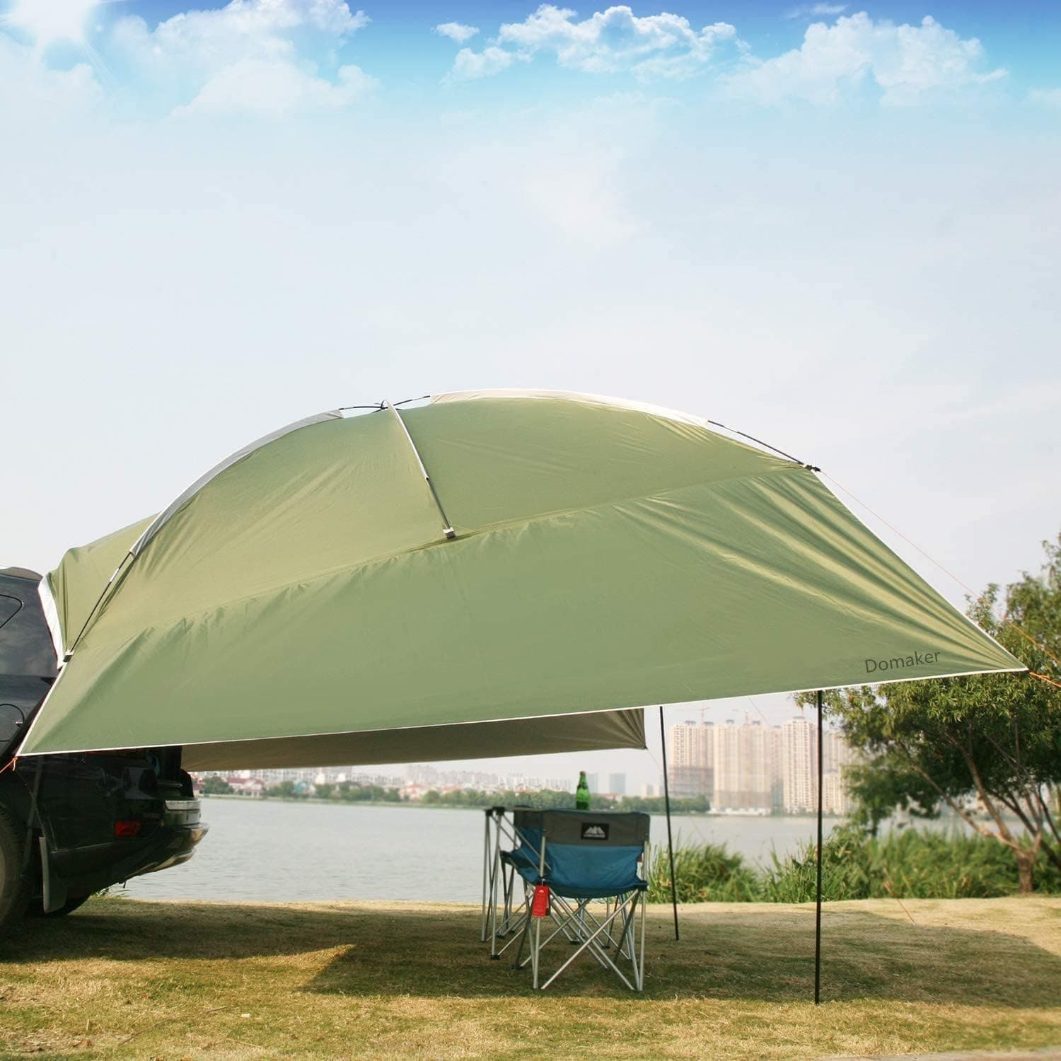 Domaker Car Awning Waterproof Sun Shelter, Portable Auto Canopy Camper Trailer Sun Shade for SUV, Traveling, Outdoor, Beach, Fashion Green