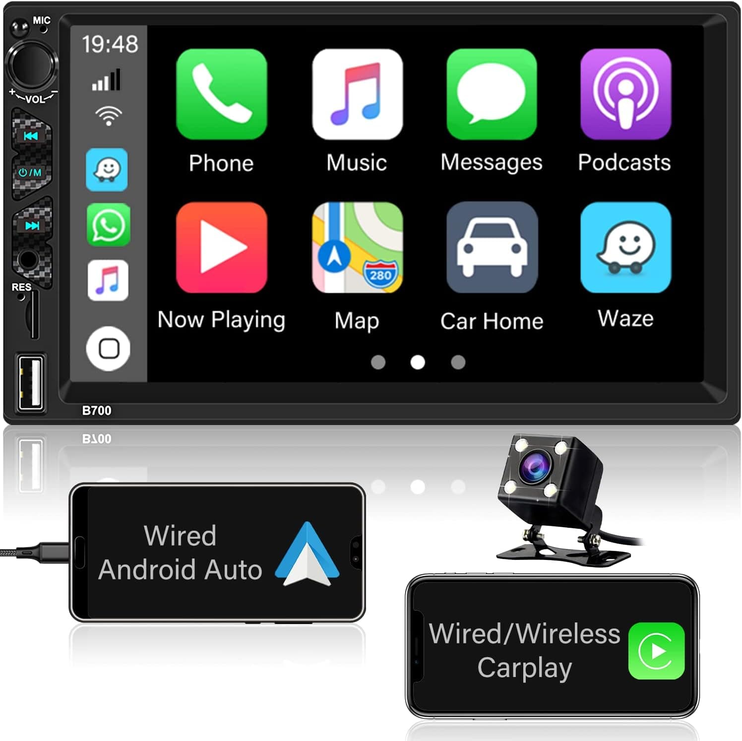 7 Inch Car Stereo with Apple Carplay Double Din Android Auto Stereo Touch Screen Bluetooth Radio for Car FM Receiver Mirror Link Backup Camera+External Microphone