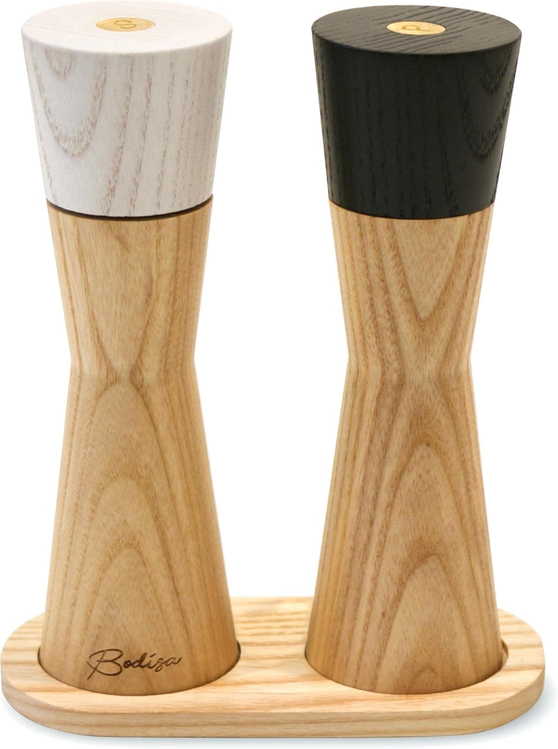WOODEN SALT AND PEPPER GRINDER SET | Organic & Sustainable Ash Wood | Salt & Pepper Mill Set with Adjustable Coarseness | Premium, Refillable with Brass Buttons and Shaker Tray | 7”