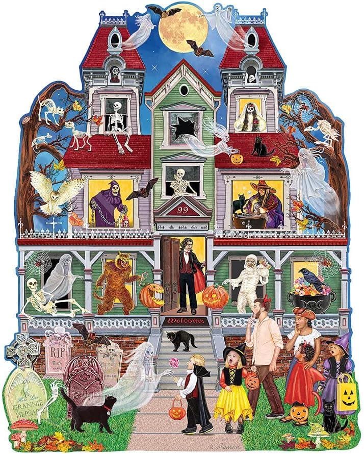 Bits and Pieces - 750 Piece Shaped Jigsaw Puzzle for Adults 20" x 25" - Ninety Nine Haunting Lane - 750 pc Halloween Ghosts Skeleton Witch Autum Trick Or Treat Shaped Jigsaw by Artist Rosiland Solomon