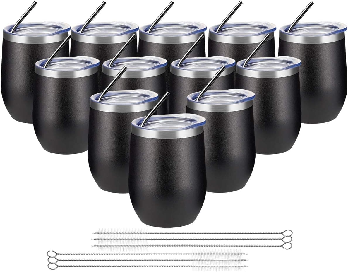 COKTIK 12oz 12 Pack Wine Tumbler with Lid Stemless Insulated Wine Glasses Double Wall Vacuum Stainless Steel Travel Tumbler for Cold & Hot Drinks Wine Coffee Cocktails, Black