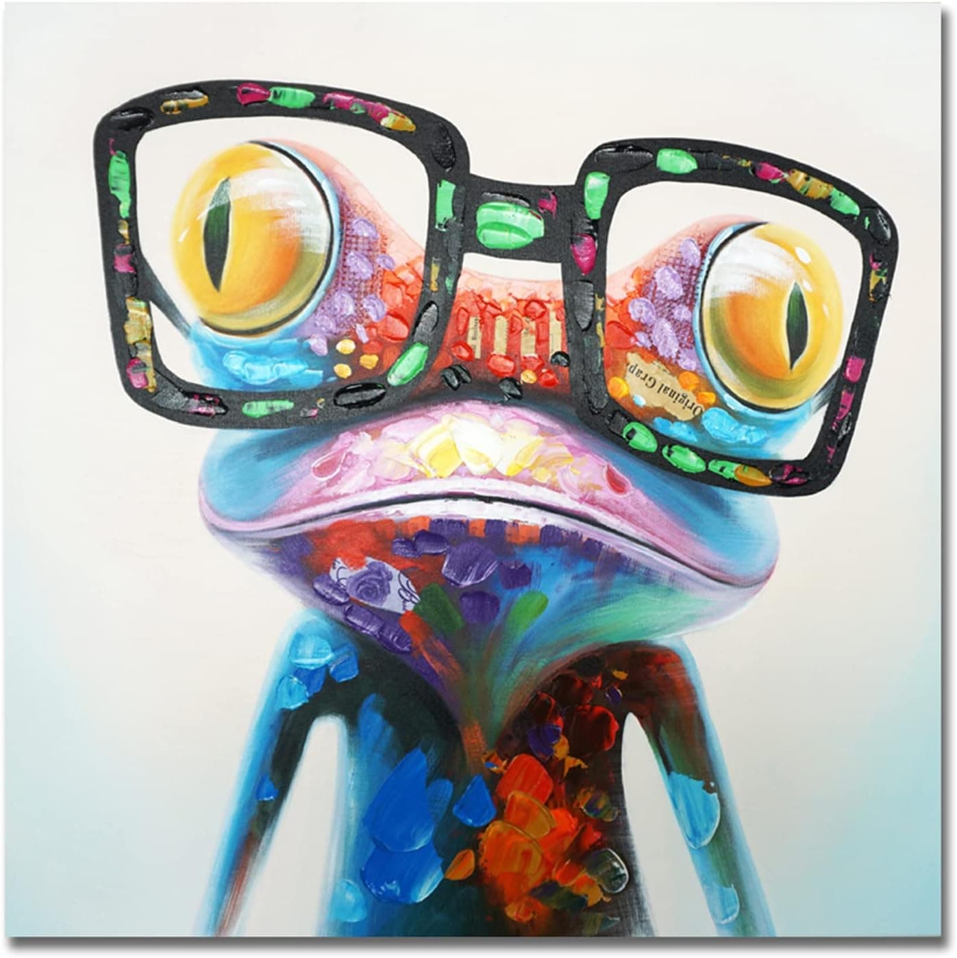 SEVEN WALL ARTS Frog Wall Art Colorful Funny Animal Oil Painting Cute Frog with Glasses Pictures Framed Artwork for Bedroom Living Room Kitchen Bathroom Office Wall Decor 24"x24"
