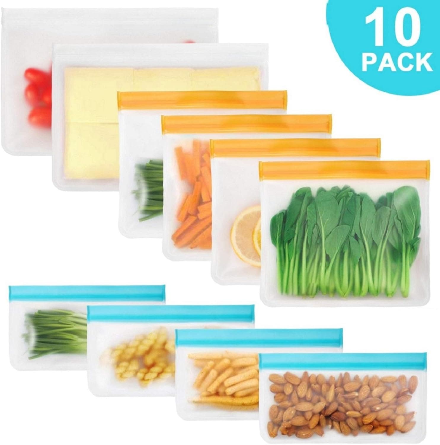 Reusable Storage Bags,10 Pack Reusable Freezer Bags (2 Gallon Bags,4 Reusable Sandwich Bags,4 Reusable Snack Bags) BPA Free Lunch Bags for Food, Travel, Home Organization