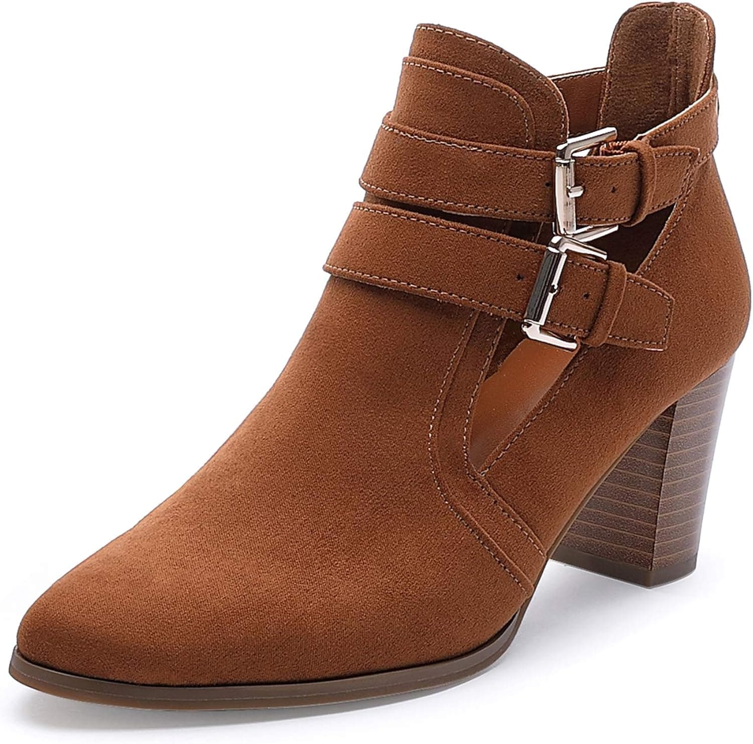 CentroPoint Women's Point Toe Low Chunky Heel Boots With Buckle Fashion V Cut Ladies Chelsea Ankle Booties