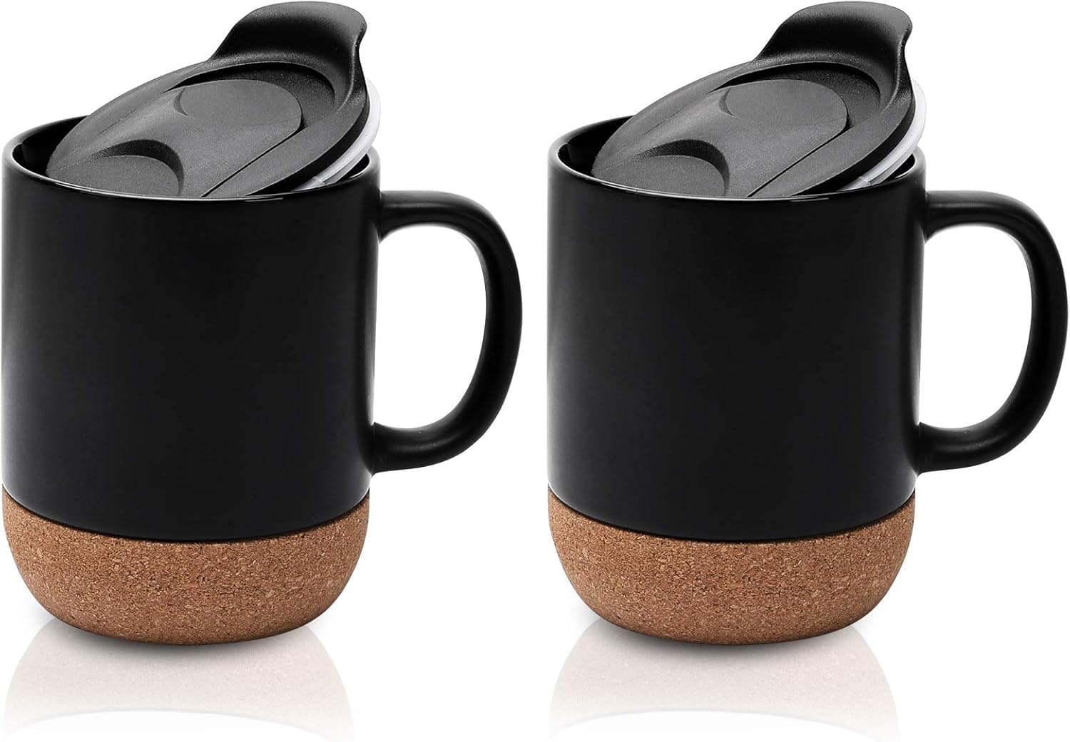Ceramic Coffee Mug 15 oz - Set of 2 Coffee Mug with Lid Large Mugs with Insulated Cork Bottom and Splash Proof Mug Lid Large-sized Black Coffee Mugs Set with Handle for Coffee, Cappuccino, Tea, Cocoa