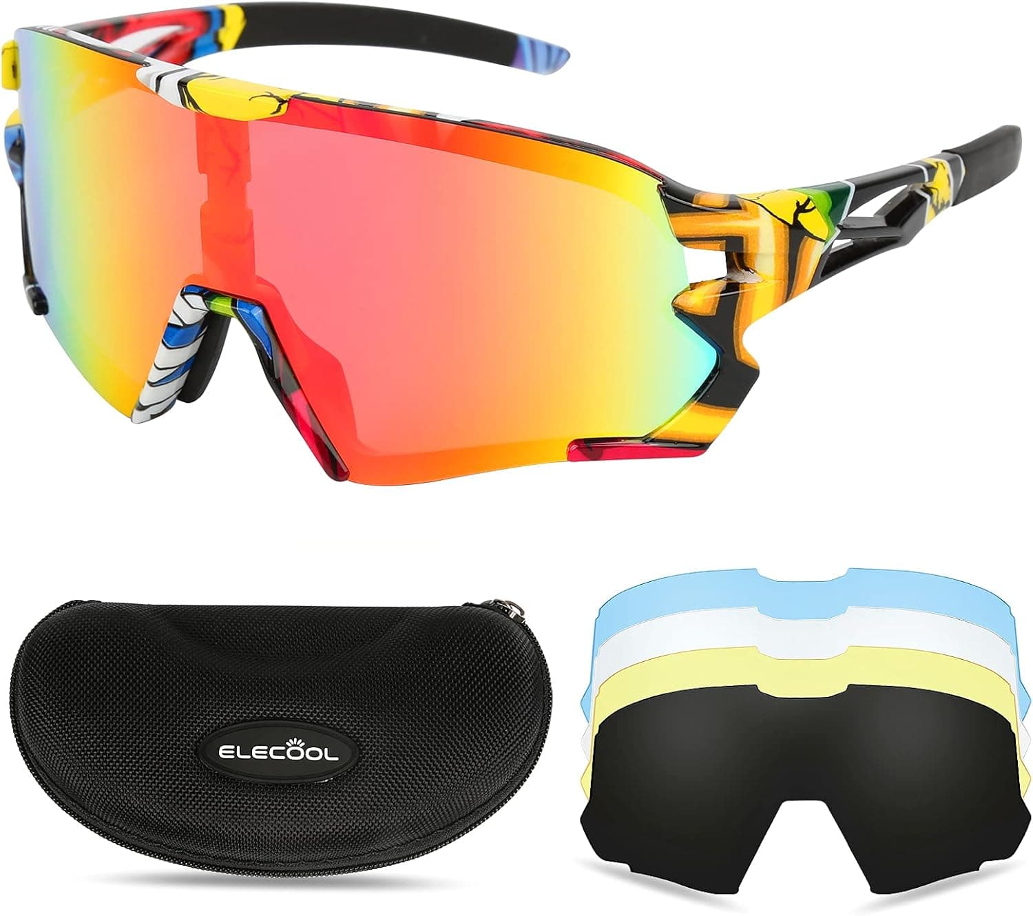 ELECOOL Cycling Glasses with 5 Interchangeable Lenses for Running Fishing Sports