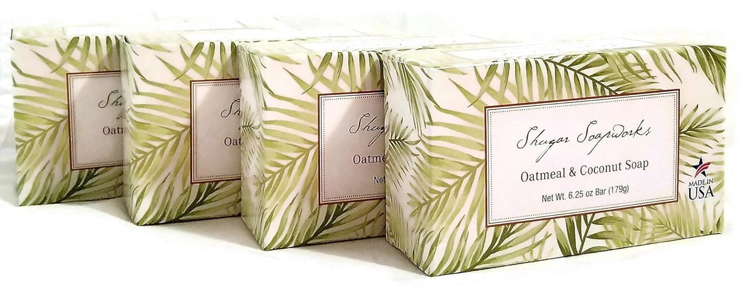 Shugar Soapworks Oatmeal and Coconut Bar Soap, 6.25 ounces (pack of 4), Soothes, Moisturizes and Softens with Natural, Pure Ingredients, Long-Lasting Body Bar, Economical Multi-Pack