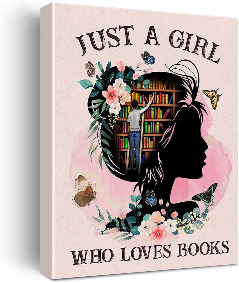 Books Wall Art Just a Girl Who Loves Books Canvas Painting Prints for Home Wall Decor Framed Reading Books Artwork Book Lover Gifts for Women (12x15 Inch)