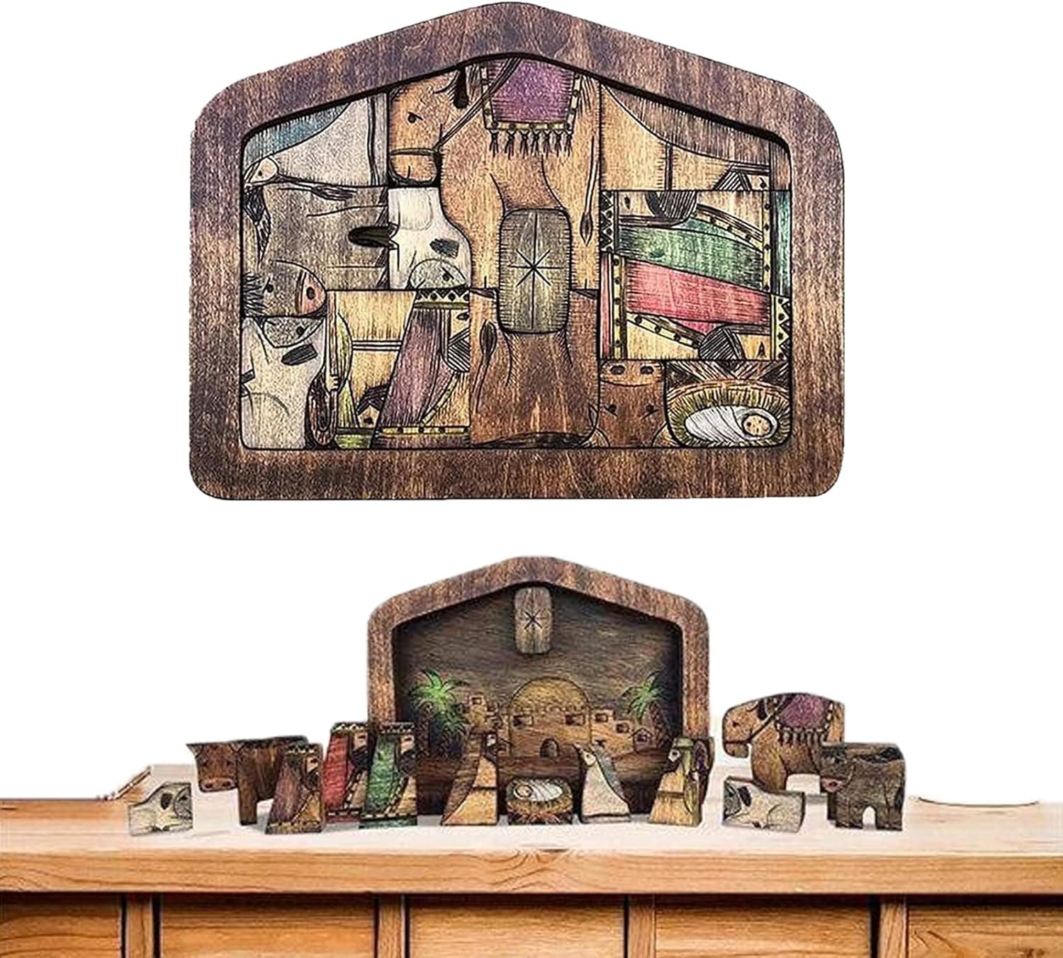 Wooden Jesus Puzzle Statue, Nativity Puzzle with Wood Burned Design, Jigsaw Puzzles Game for Kids and Adults Home Educational Christmas Decorations Accessories