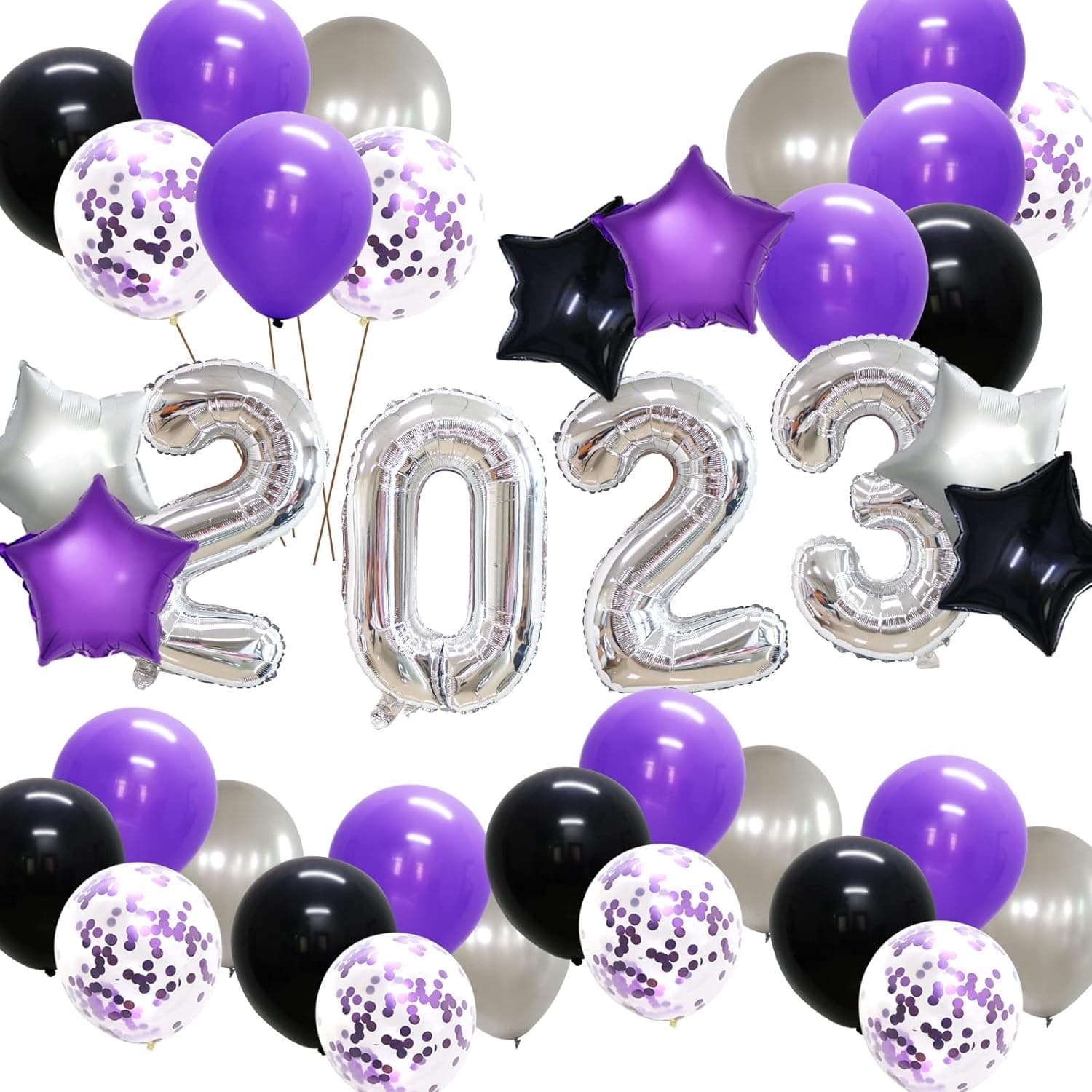 Graduation Decorations Class of 2023 Party Balloons, New Years Eve Party Supplies, 40 Inch 2023 Foil Balloons, Latex Balloons for Birthday Prom Night Anniversary Bachelorette (Purple Silver Black)