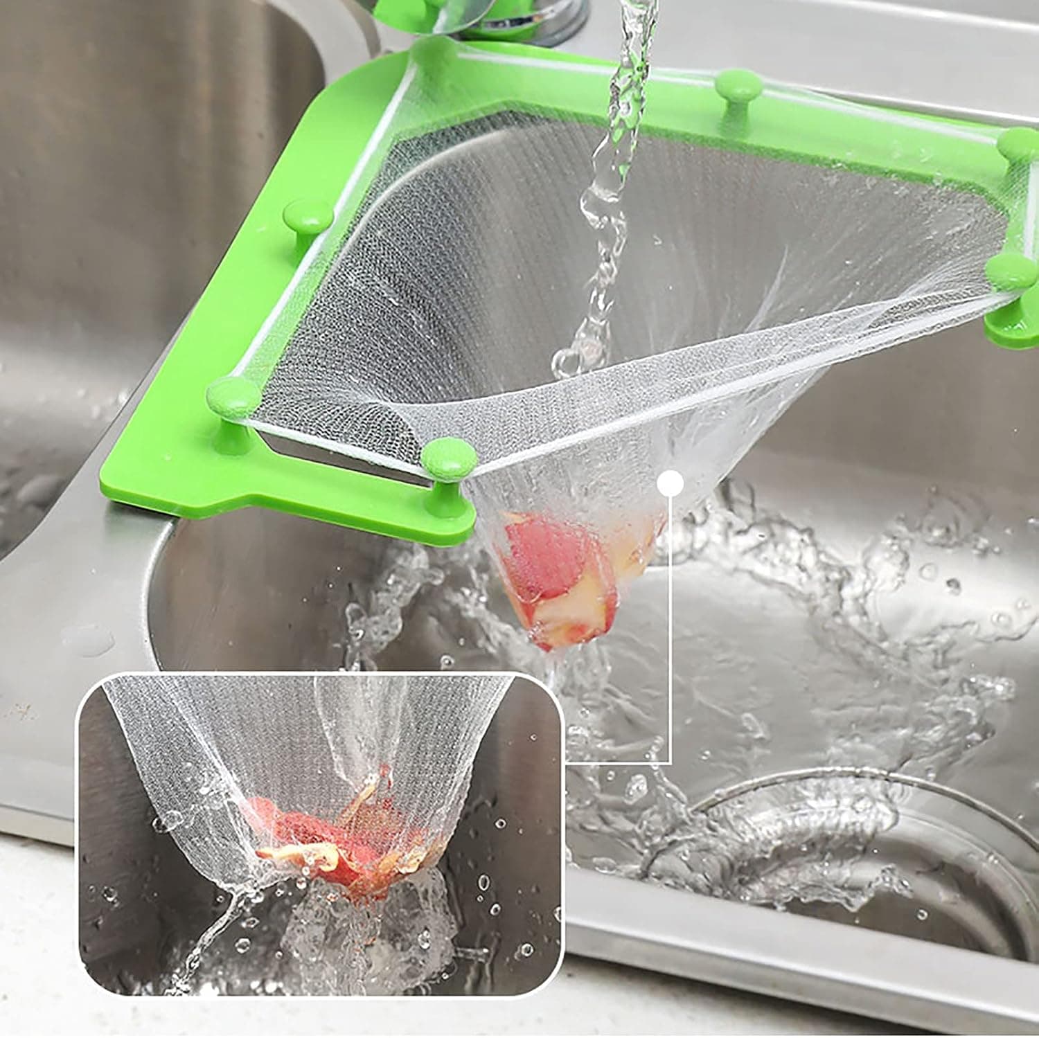 Triangle Tri-Holder Filter,Sink Strainer Bag with 100 Pieces Filter Net for Kitchen Hanging Net Drain Basket Leftovers Soup Sink Garbage Storage Rack Holder, By GuangTouL