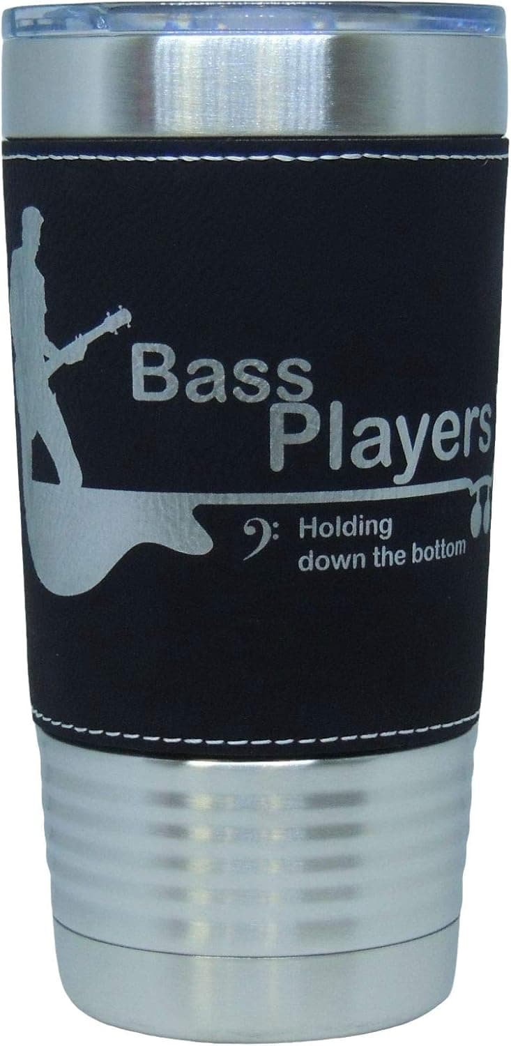 Bass Guitar Player Leather Wrapped Vacuum Insulated Tumbler 20 Oz Stainless-Steel Vacuum Mug For Music Lovers, (Black)