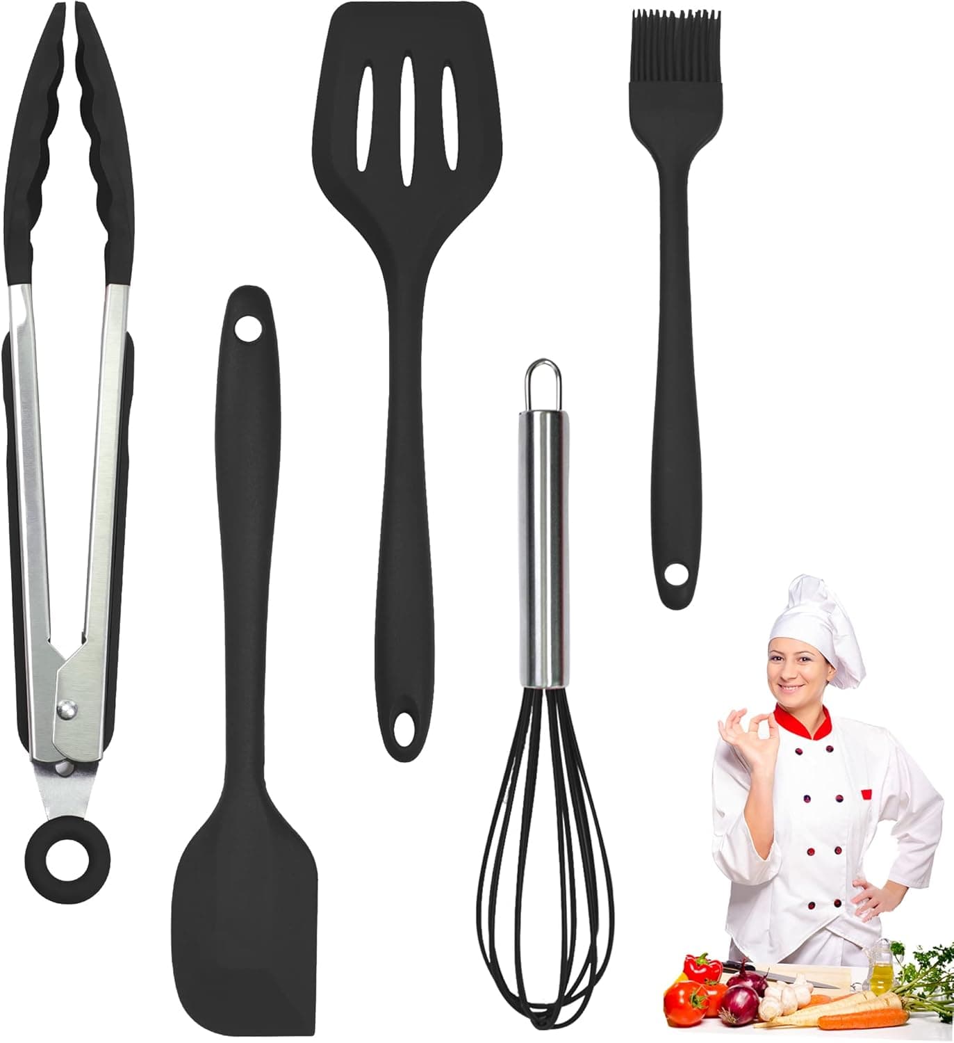 Silicone Kitchen Cooking Utensils Set Kitchen Spatula Set with Holder,5 pcs Heat Resistant Silicone Kitchen Utensils Gadgets Tools Set for Nonstick Cookware,Dishwasher Safe (Black)