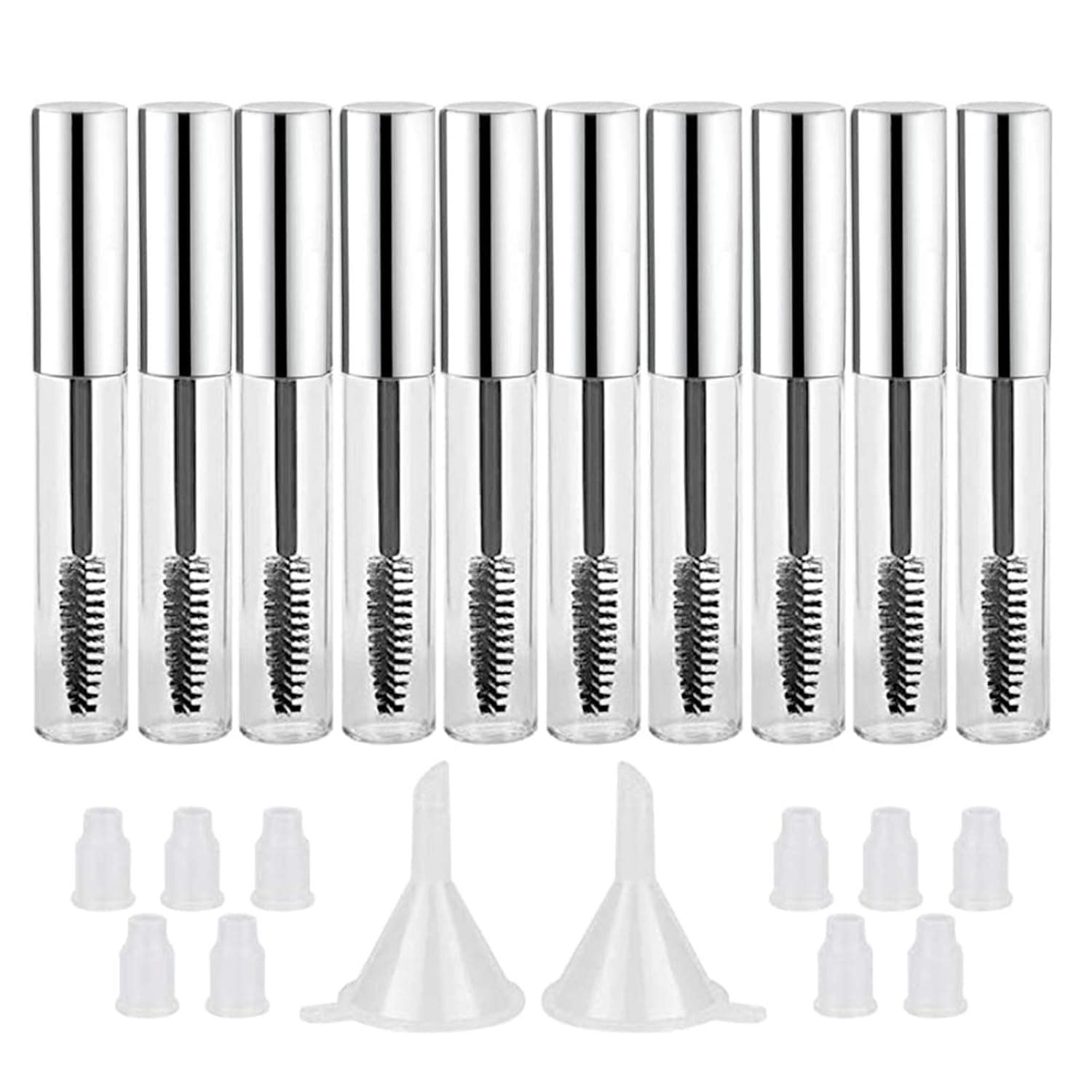 GTHER 10PCS 10ML Empty Mascara Tube Bottle with Eyelash Wand & Rubber Inserts & Funnels Set for Castor Oil/Eyelash Growth Oil, DIY Mascara Eyelash Cream Container with Cap, Silver
